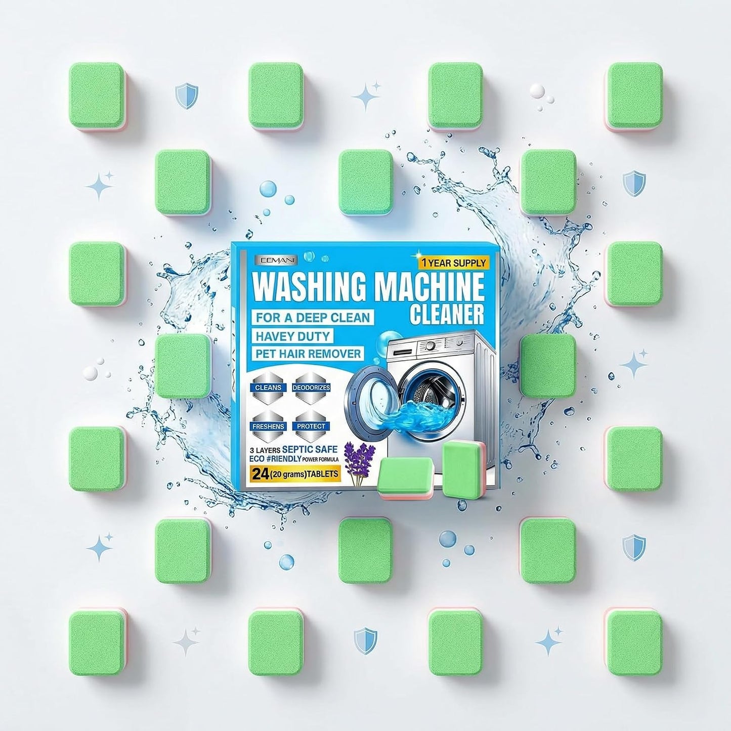 3-Layer Washing Machine Cleaner Tablets 24 Pack, Heavy Duty Deep Cleaning, Descaling & Odor Elimination suitable for Pet Owners, Septic-Safe & Eco-friendly Washer Cleaner for Front & Top Load washers BST202