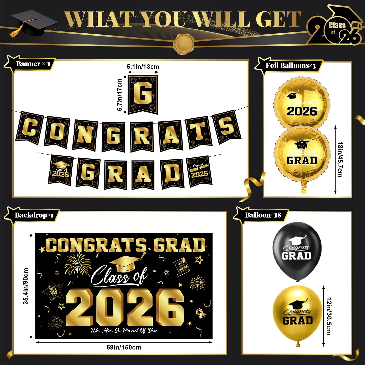 Graduation Decorations 2026-Blue and Black Graduation Party Decorations Supplies Class of 2026 with Graduation Banner, Backdrop, Balloons, Centerpieces, Hanging Swirl for Grad Party BST326H