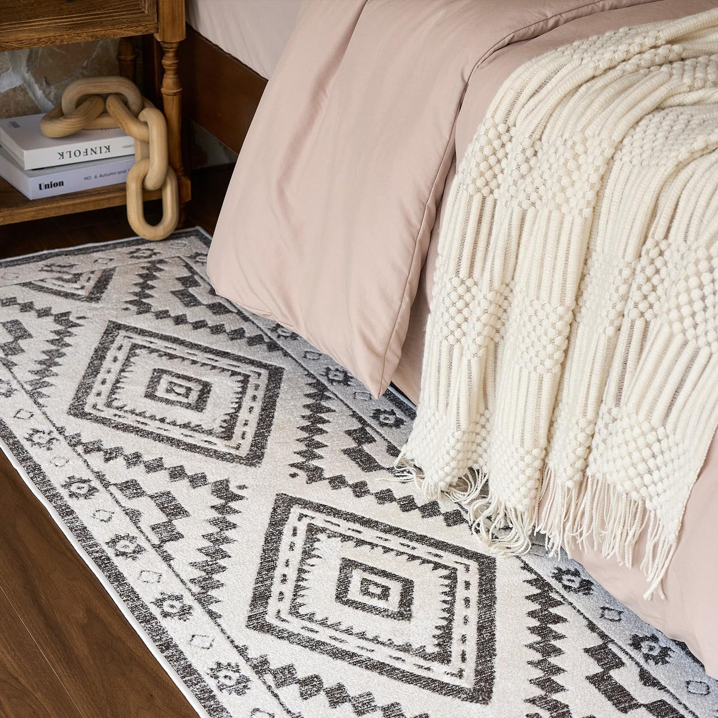 Moroccan Washable Area Rug 3x5, Geometric Tribal Decorative Woven Rug, Non-Slip Boho Farmhouse Soft Low-Pile Area Rug for Living Room Bedroom Nursery Dining Table, Dark Brown/White BST326H