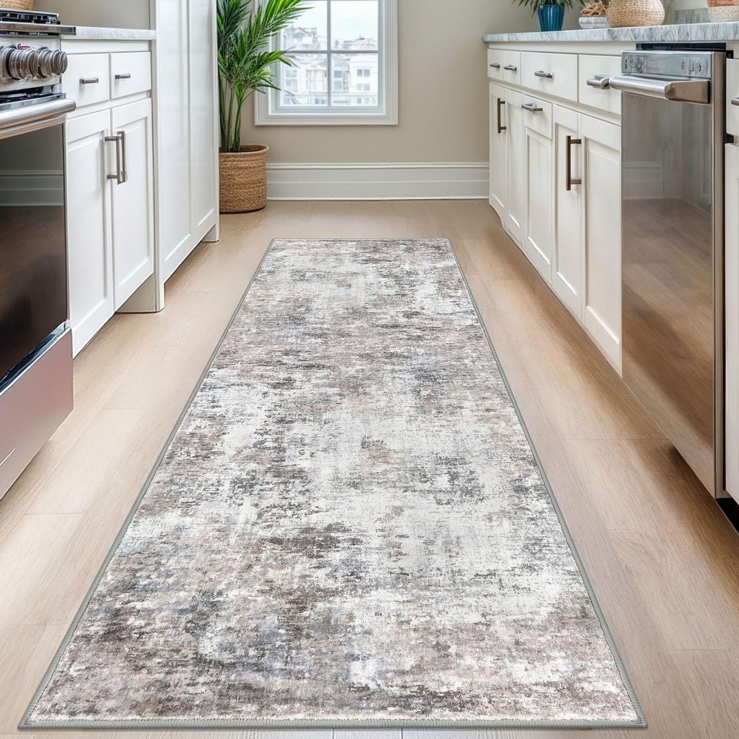 Lansny Modern Abstract Runner - 2x5, Beige Grey Washable Kitchen Entryway Rug Mat Non-Slip Soft Neutral Hallway Rug Thin Print Faux Wool Carpet for Bedroom Laundry Room Indoor BST220