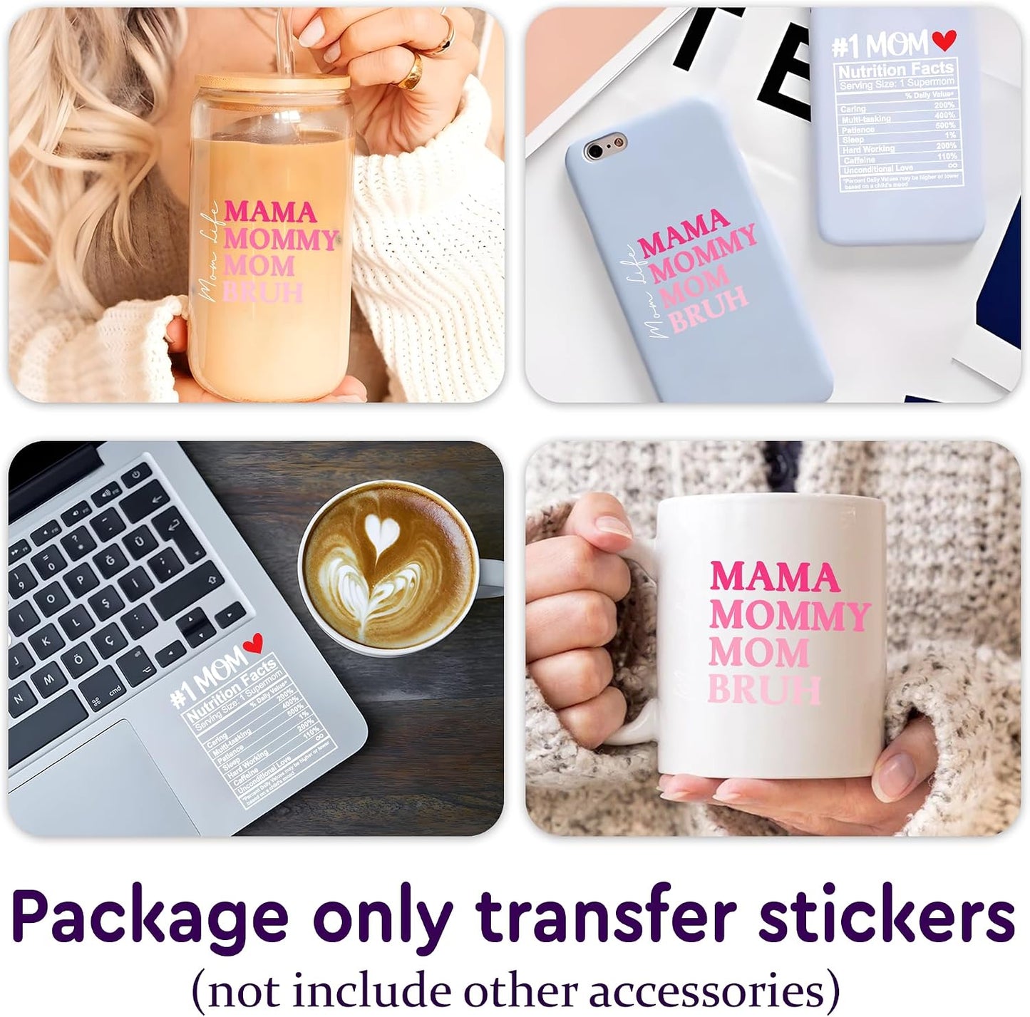 Set 2Pcs Mama Mommy Mom Bruh UV DTF Cup Wraps for 16 oz Glass Mom Life Heart Mother's Day, Cold Transfer Stickers for Glass Cups, Vinyl Waterproof Rub on Transfer Sticker Christmas BST202