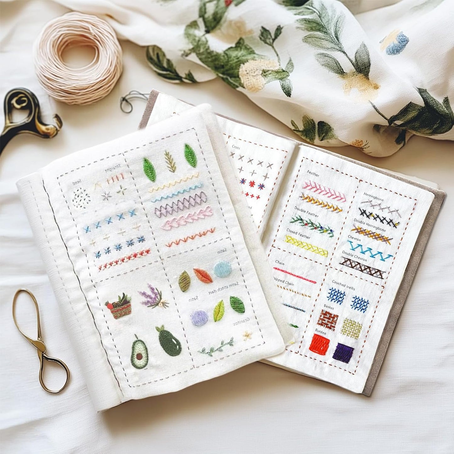 spicssa Beginner Embroidery Stitch Book Kit, 79 Stitches, Video Tutorials | Pre-printed linen panels to stitch and sew into a keepsake book, threads, needles, scissors, hoop and threader BST202