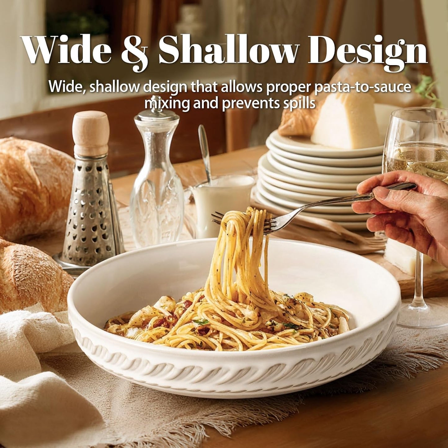 Artena Pasta Bowls, 50oz Large Salad Serving Bowls, 9.75'' Plates Bowls Set of 4, Big White Ceramic Soup Bowls for Kitchen, Embossment Shallow Dinner Bowl, Microwave Dishwasher Safe, Willow Leaf BST326H