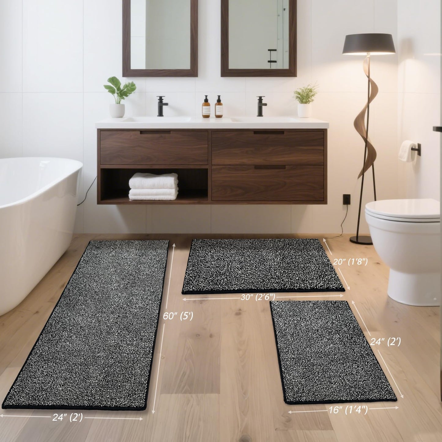 HDFK Bathroom Rugs | Non Slip Washable Bath Mats 24x16 Inches 2 Tone Soft Chenille Medium Pile TPR Floor Mat | High Absorbency Quick Dry Grey and White | Shower Rug for Wet Dry Zone BST220