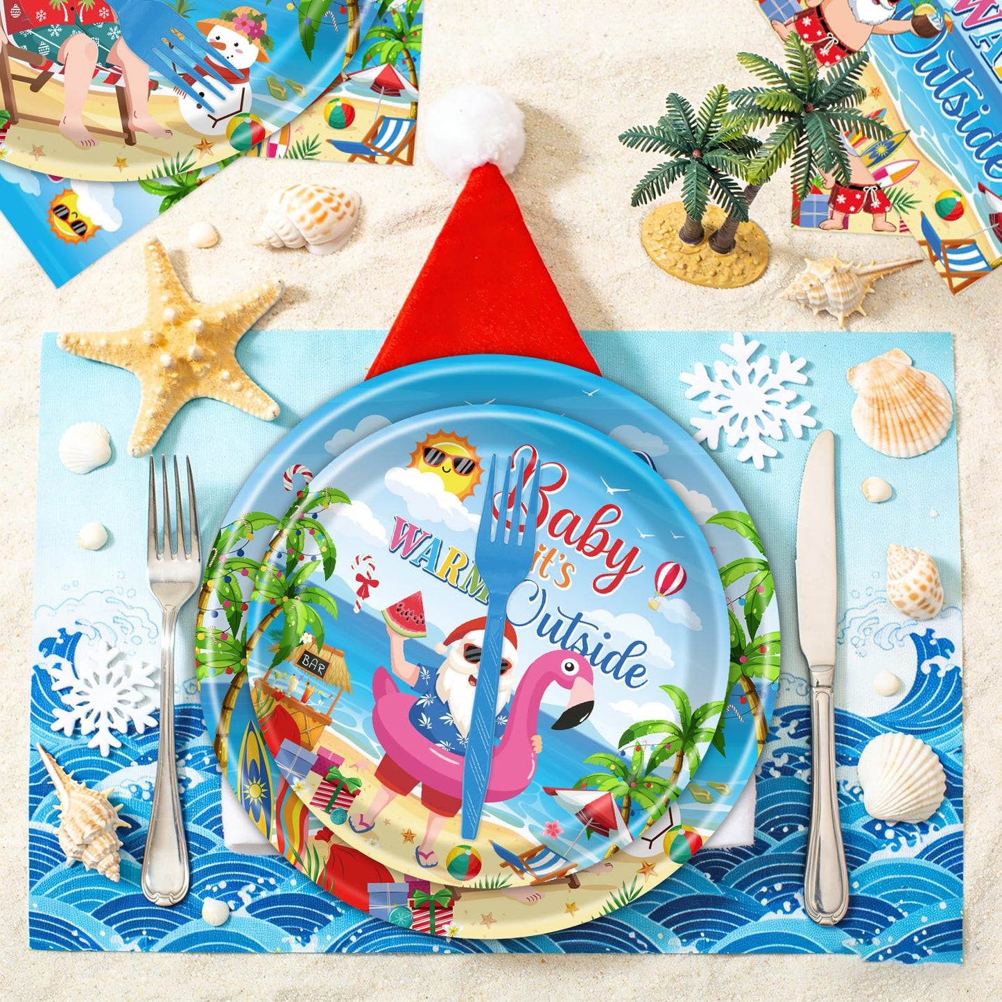 Gameza July Christmas Party Decorations Tableware, 96PCS There's Some Hohoho's in July Disposable Paper Plates and Napkins Decoration, Summer Xmas Beach Forks Decor Supplies Serves 24 BST220