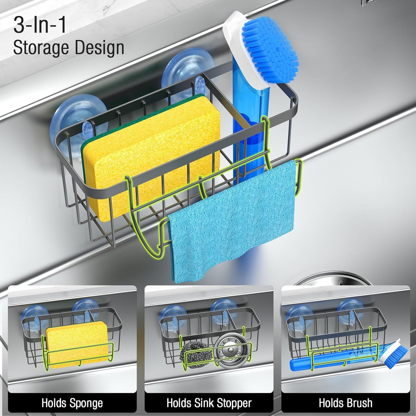 3-in-1 Kitchen Sink Caddy Organizer with Sponge Holder, Brush Holder, Extra Rack for Scrubber, Sink Stopper, Dish Cloth Hanger - Strong Dual Suction Cup, 2.0mm SUS304 Stainless Steel - Grey WN420