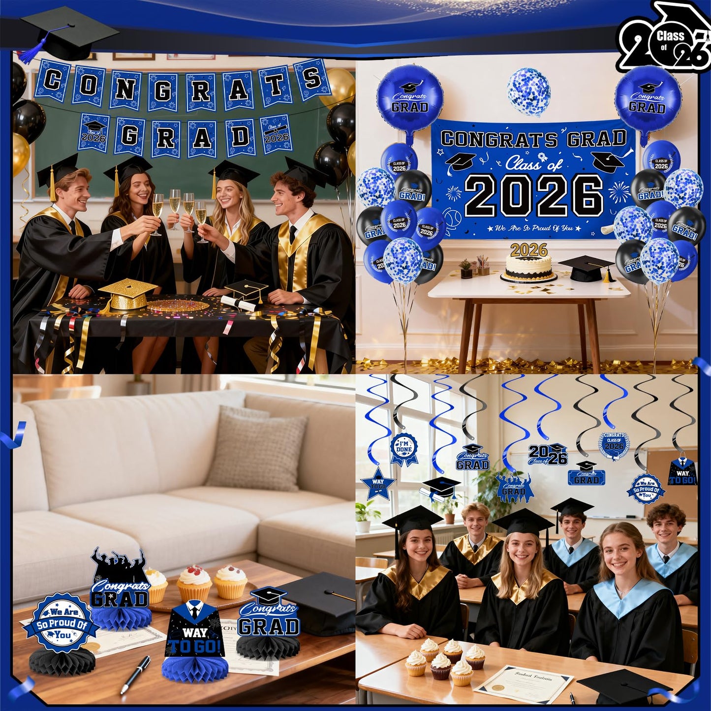 Graduation Decorations 2026-Black and Gold Graduation Party Decorations Supplies Class of 2026 with Graduation Banner, Backdrop, Balloons, Centerpieces, Hanging Swirl for Grad Party BST326H