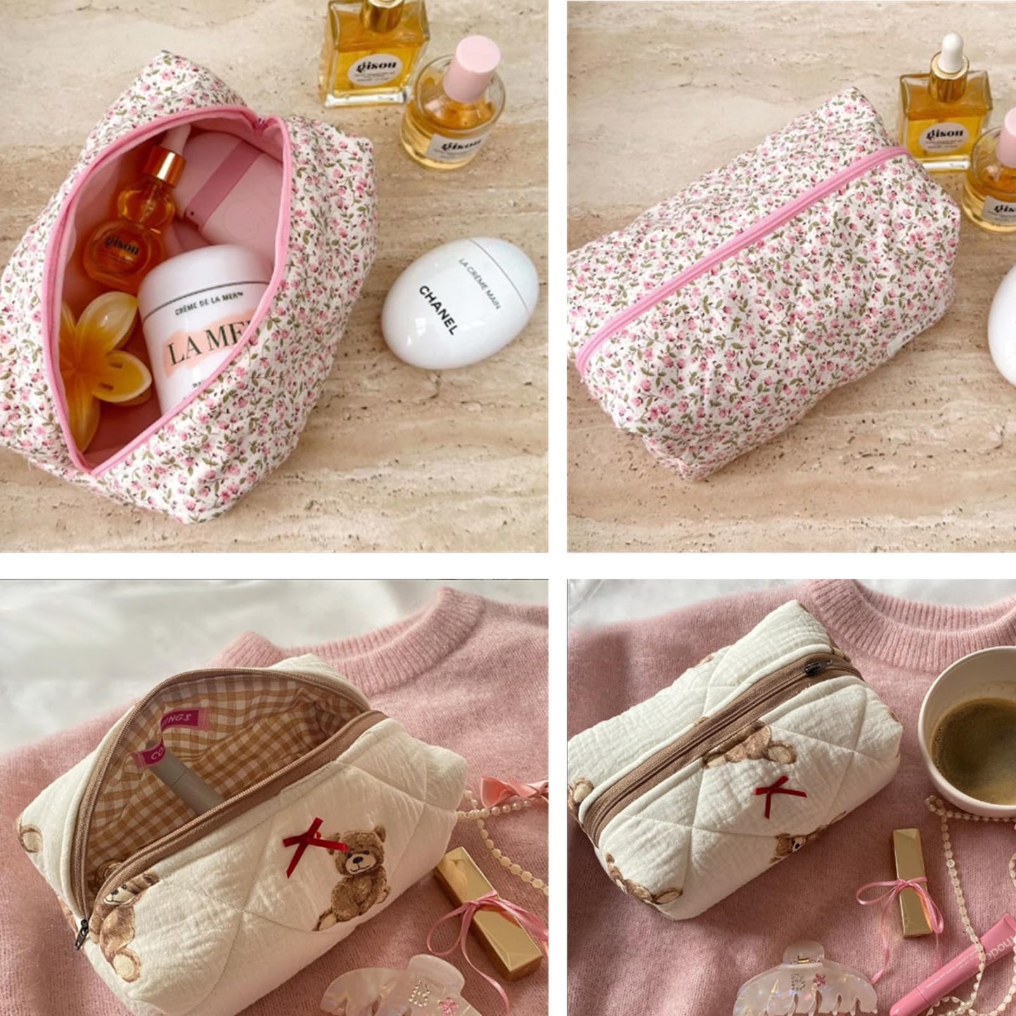 Cute Small Floral Cotton Makeup Bag, Quilted Zipper Pouch with Coquette Bear for Women and Girls, Kawaii Travel Cosmetic Bags for Purse(07Yellow and Pink Flower) BST220
