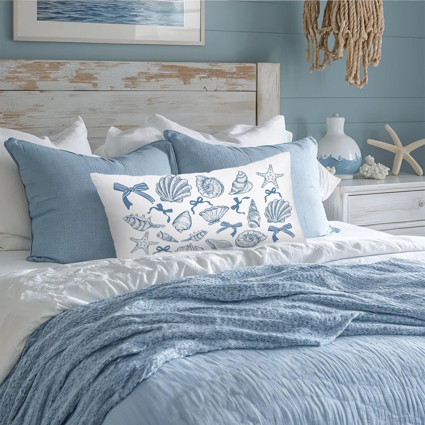 Coastal Beach Girly Room Decor 12x20 Pillow Cover, Preppy Beach Navy Blue Bikini Striped Decorative Lumbar Pillow Covers for Girls Bedroom College Dorm Sofa Couch BST326L