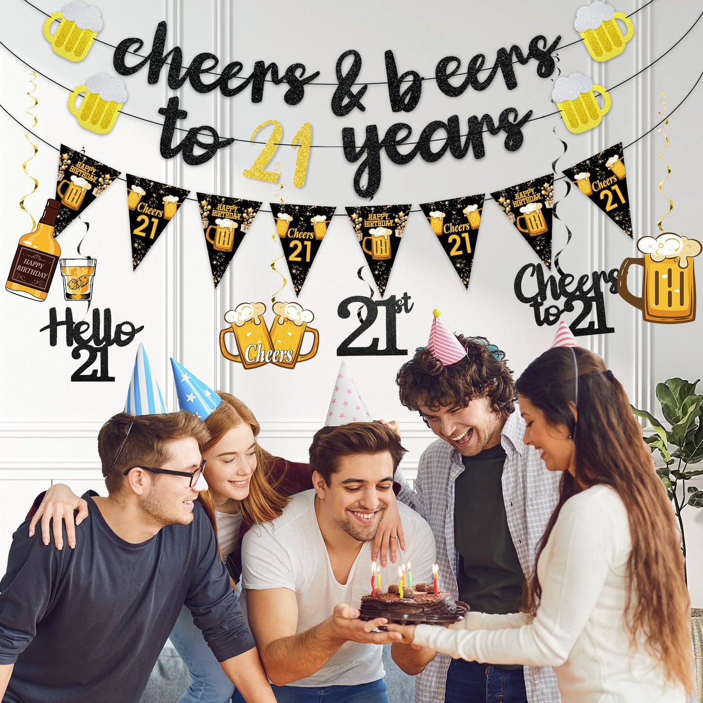 Black Gold 90th Birthday Decorations for Men Women, Glitter Pre-Strung Cheers to 90 Years Banner Hello 90 Hanging Swirls Paper Triangle Flag Banner Decorations Bday Party Supplies Kit WN420
