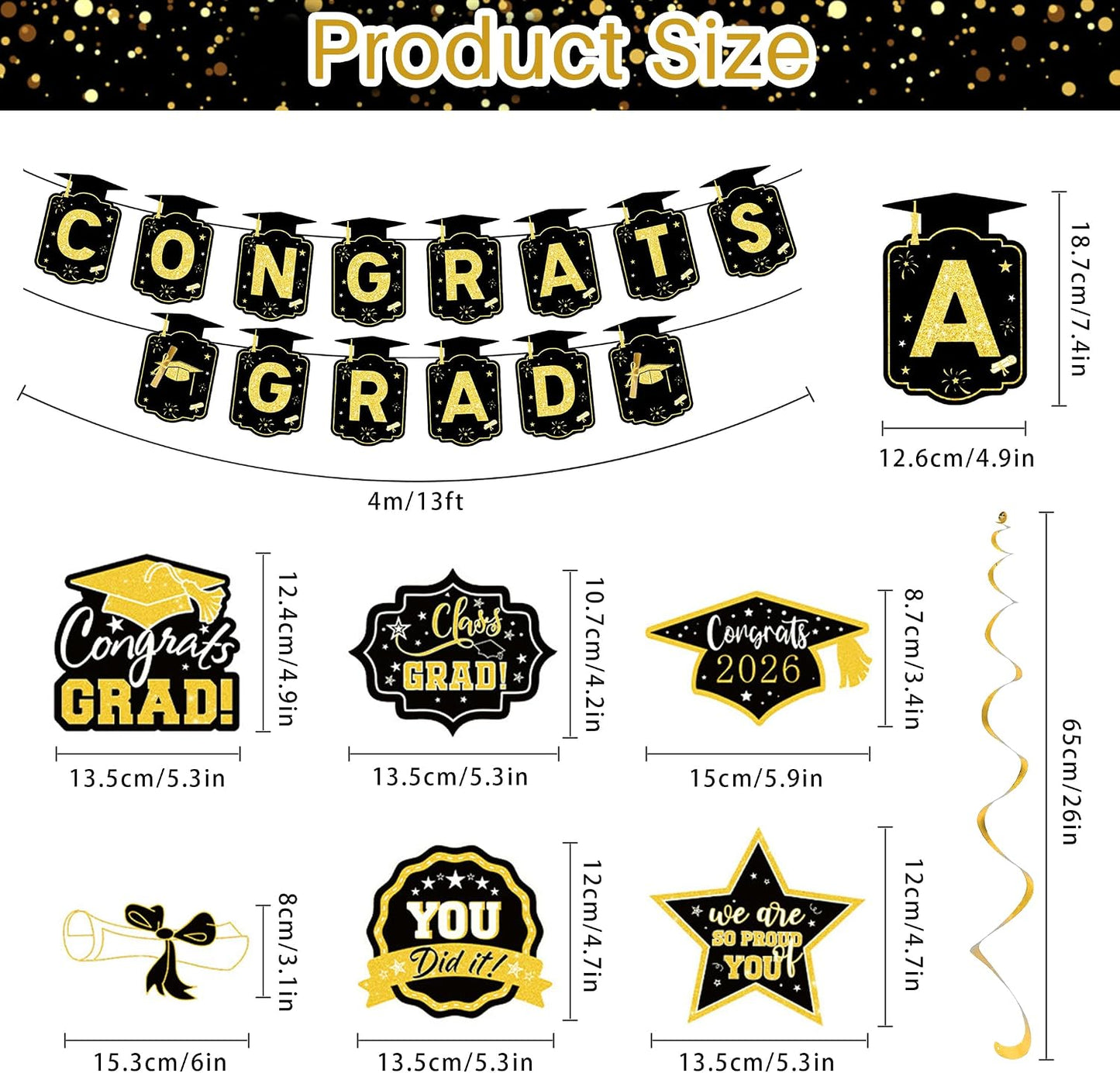 Graduation Decorations 2026, Black and Gold Congrats Grad Banner with 6PCS Graduations Hanging Swirl Decorations for Class of 2026 Grad Party BST326L