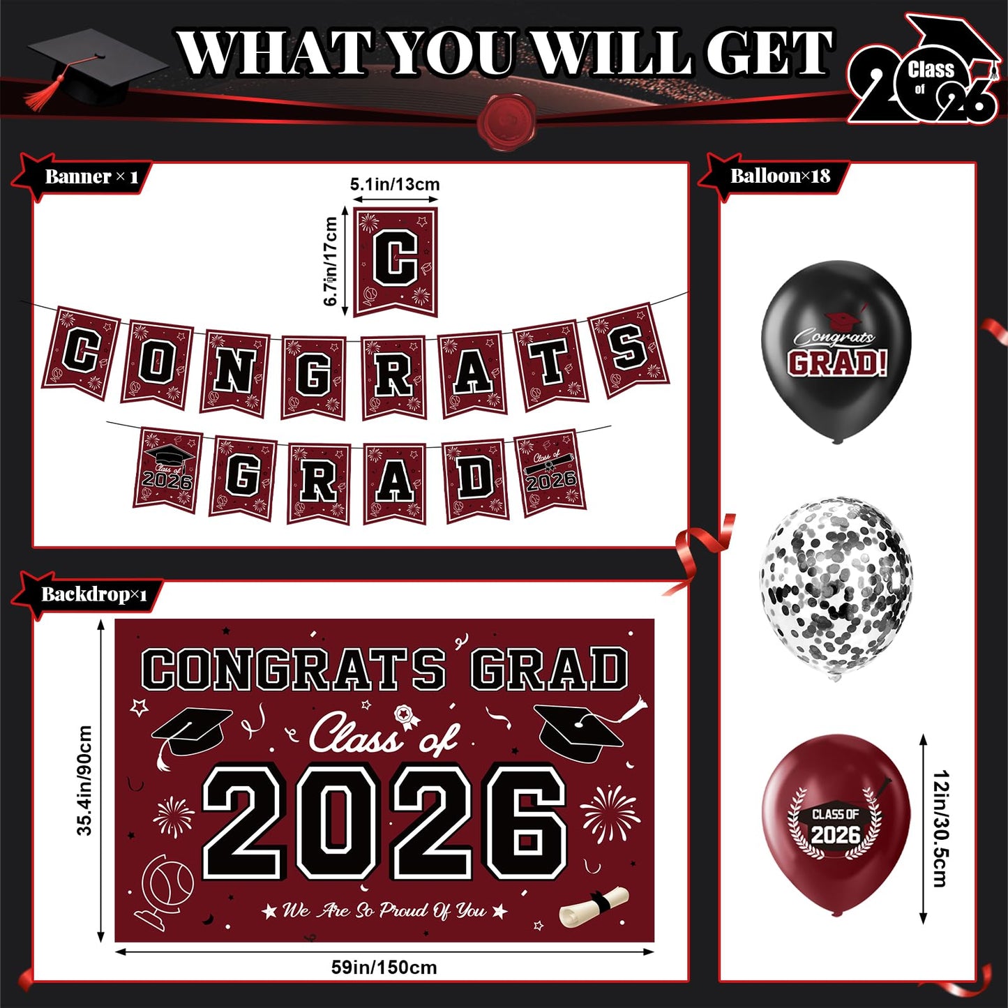 Graduation Decorations 2026-Black and Gold Graduation Party Decorations Supplies Class of 2026 with Graduation Banner, Backdrop, Balloons, Centerpieces, Hanging Swirl for Grad Party BST326H