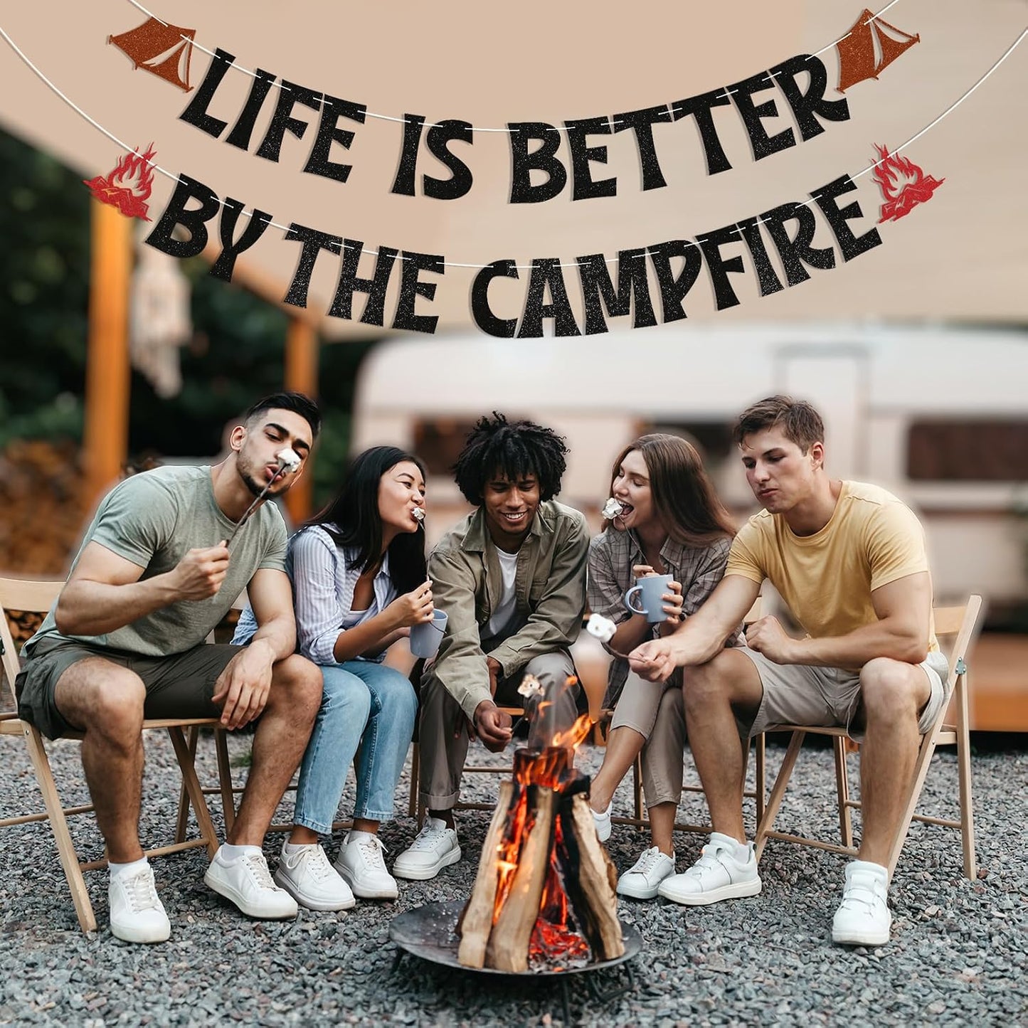Life is Better By The Campfire Banner - Happy Camper Party Decor, Forest Adventure Decor, Camping Theme Birthday Party Decorations Black Glitter BST220