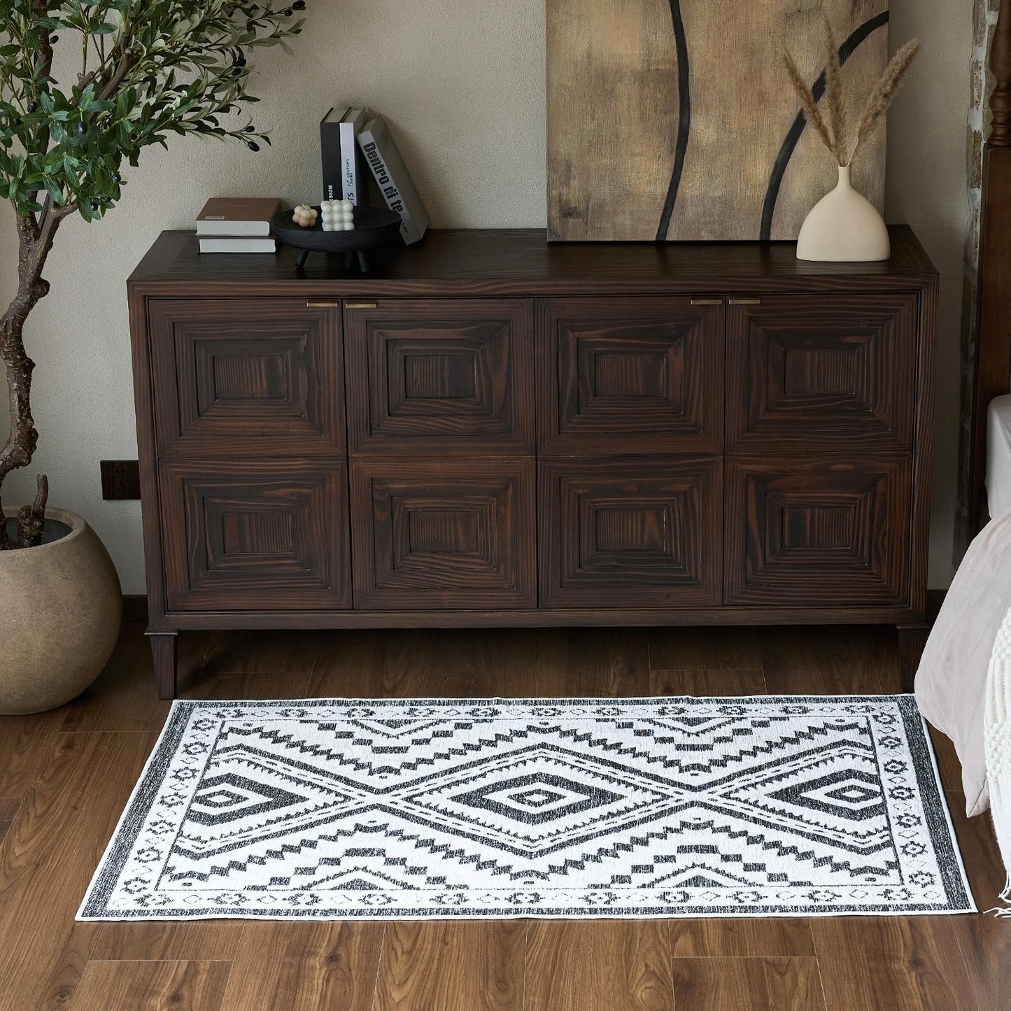 Moroccan Washable Area Rug 3x5, Geometric Tribal Decorative Woven Rug, Non-Slip Boho Farmhouse Soft Low-Pile Area Rug for Living Room Bedroom Nursery Dining Table, Dark Brown/White BST326H