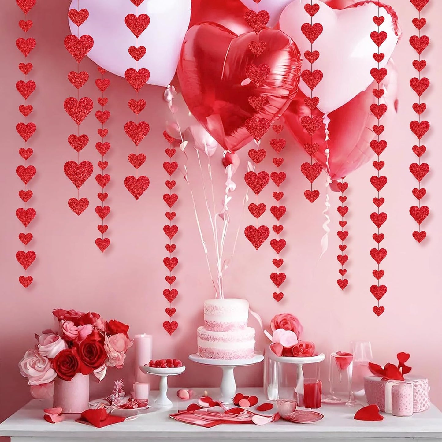 4 Pack Glitter Heart Garland Valentines Day Decorations Paper Hearts Streamers Hanging Hearts Decorations for Valentines Galentines Day Birthday Bridal Shower Wedding Engagement Anniversary (Red) BST326L