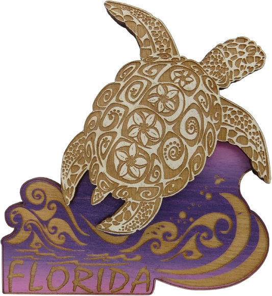 Wooden Painted Florida Sea Turtle Laser Cut Magnet, Burned Rustic Souvenirs or Collectible Accessories for Refrigerators, Lockers, and Whiteboards, 3.5 Inches BST220