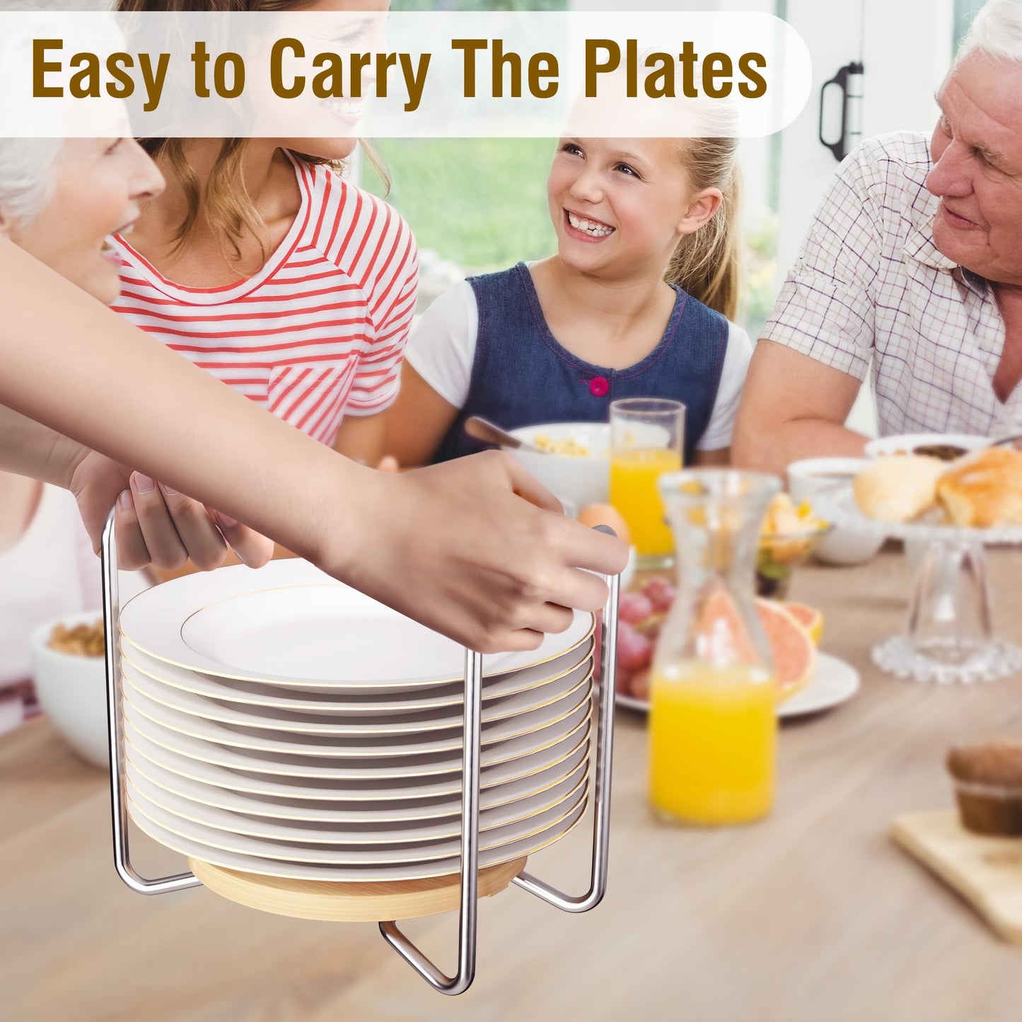 Plate Organizer for Kitchen Counter Bamboo Dish Racks for Cabinet Plate Holder for Kitchen Drawer Storage 2 Pack Adjustable for 6.75" to 8.5" Stainless Steel 304 Portable Handle BST220