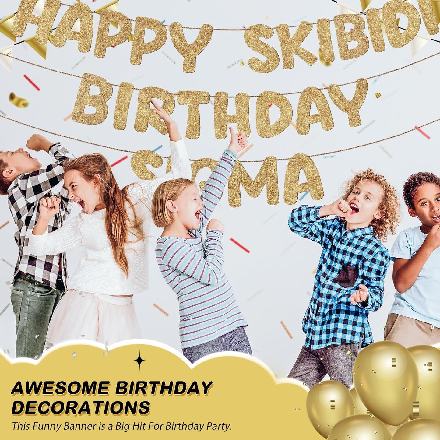 Fulmoon Pre Strung Happy Skibidi Birthday Sigma Banner Glitter Funny Zoomer Gen Z Slang Birthday Party Supplies Gen Z Slag Party Decorations Sign Gift(Champagne Gold) WN420