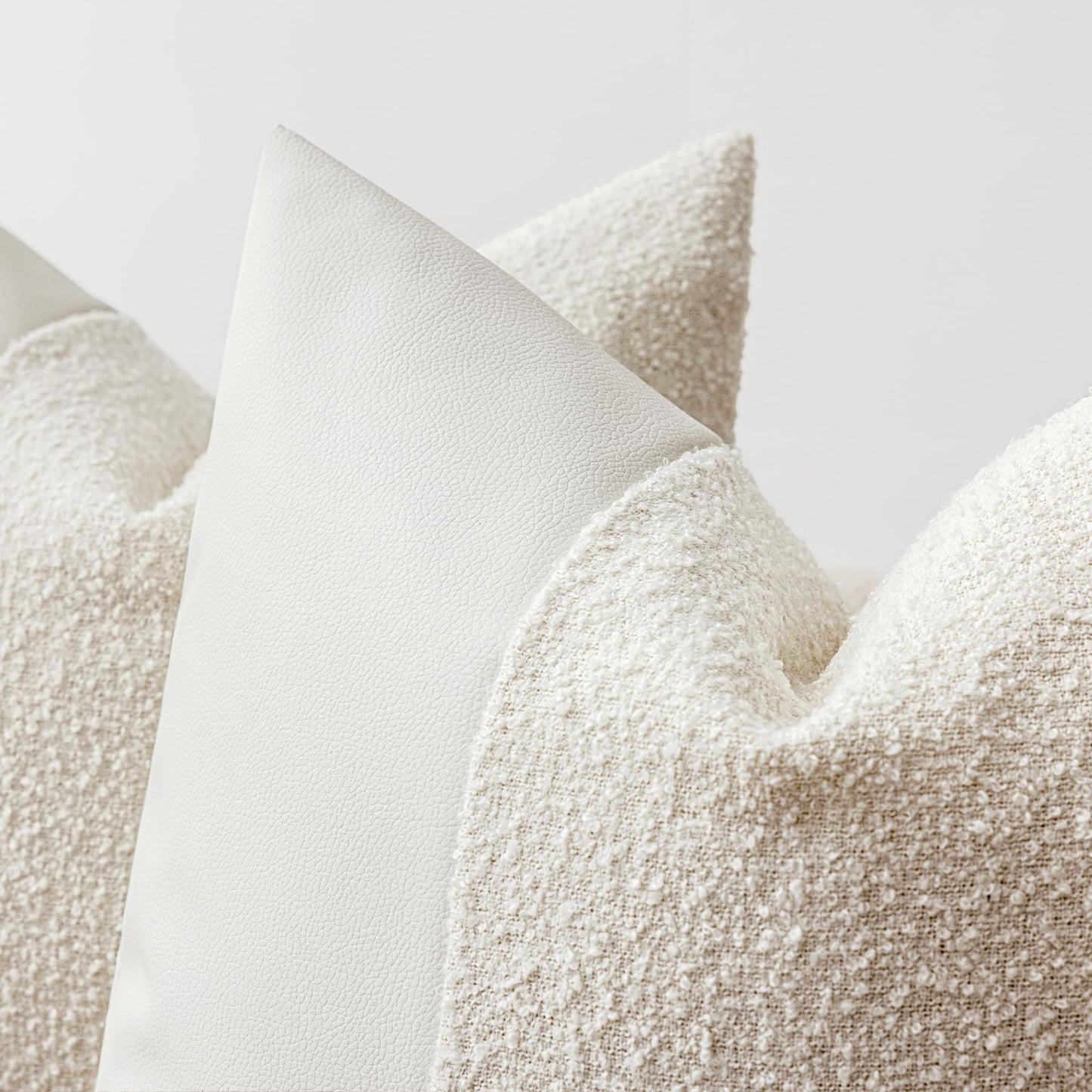 Set of 2 Fluffy Boucle Pillow Covers 18"x18", Oatmeal Textured Throw Pillow Covers with Faux Leather Accents, Boho Decorative Pillow Cases for Couch, Bed, or Farmhouse Home Decor BST220