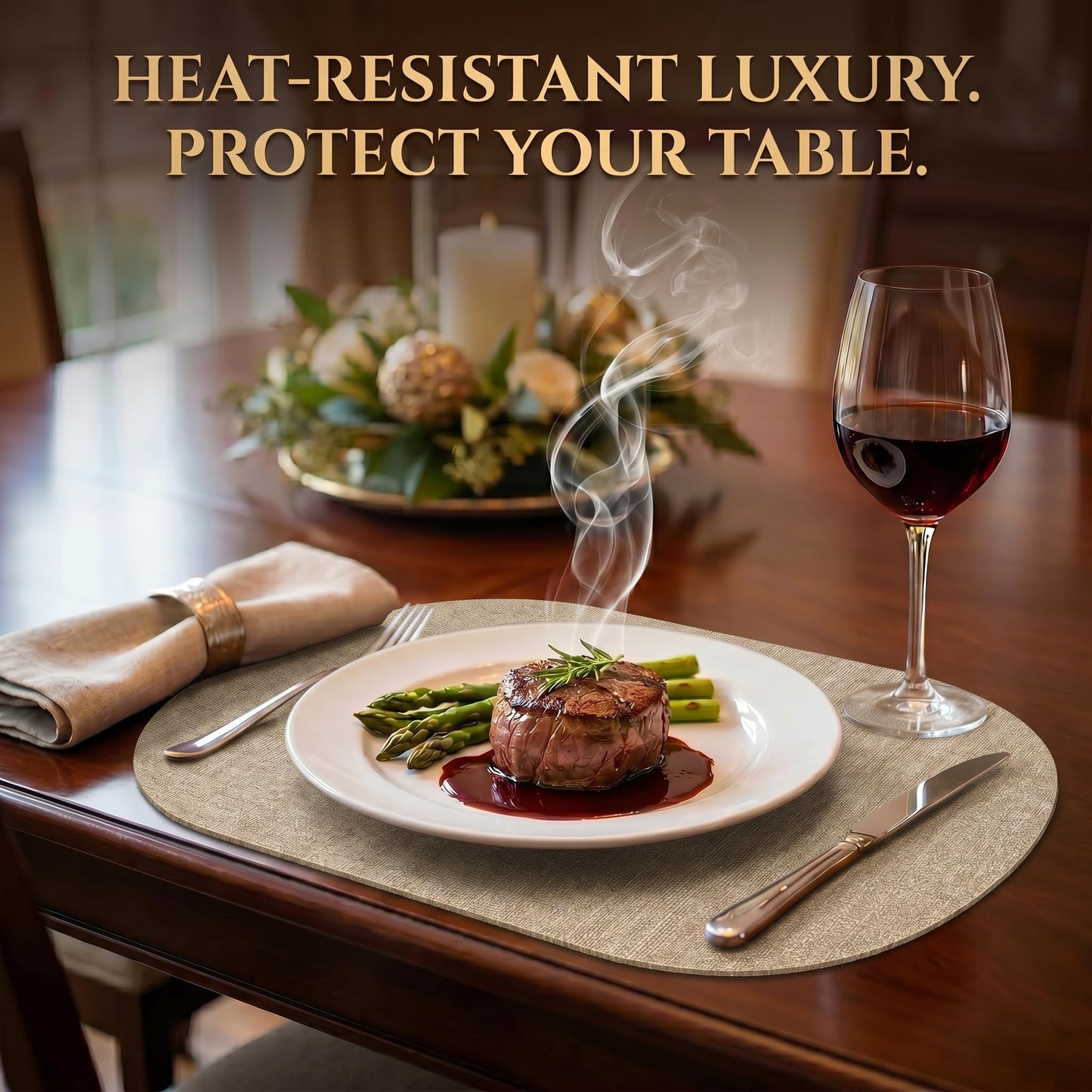 Faux Leather Placemats Set of 6, Wipeable Waterproof Stain Resistant Table Mats, Heat Resistant Thick Placemats with Hand-Painted Edges for Kitchen Dining, Imitative Linen Texture, Various Shapes BST326H
