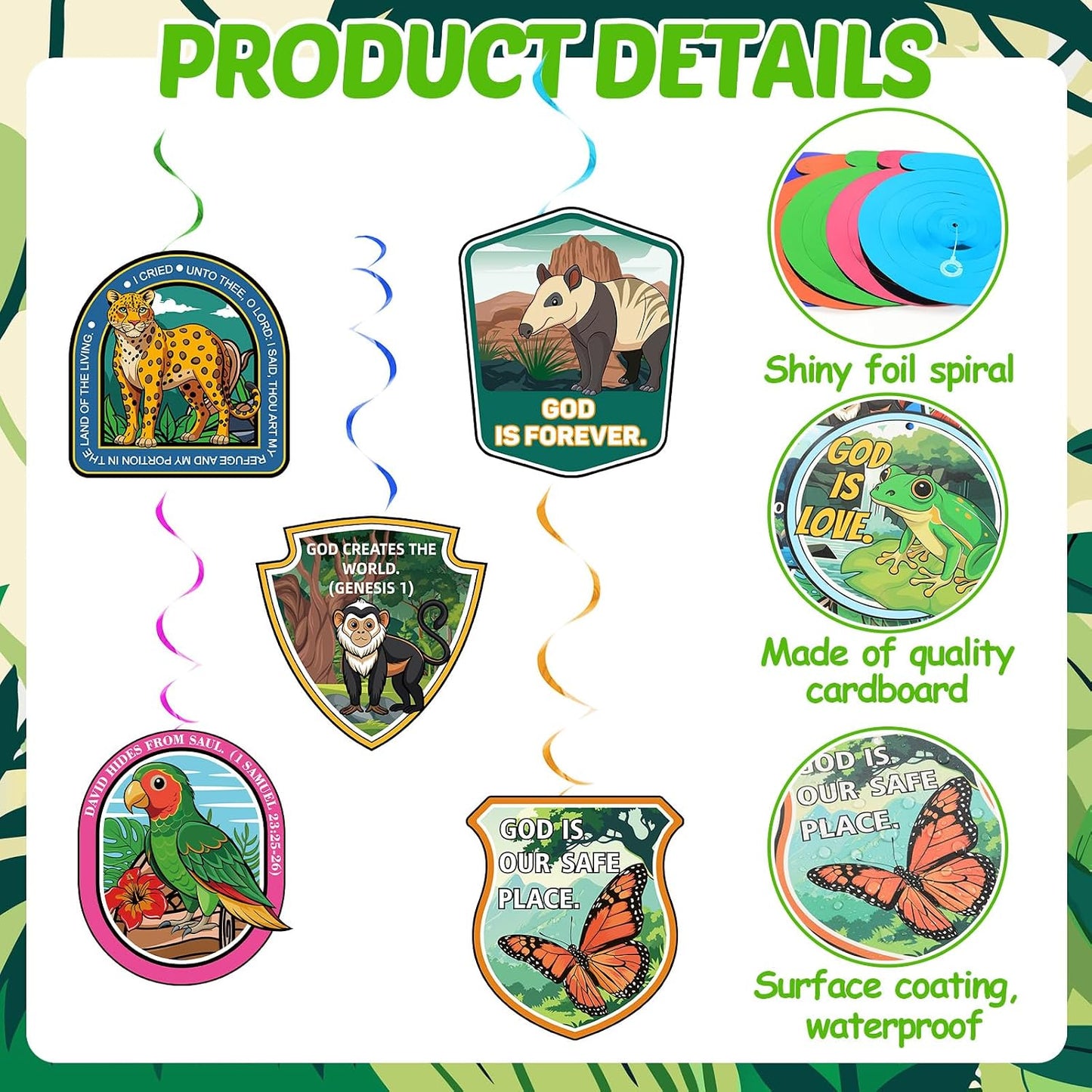 60 Pcs Vacation Bible School 2026 Party Decorations Rainforest Falls Hanging Swirl Vacation Bible School Rainforest Animal Ceiling Streamers Christian Verse Hanging Decor for Religious Classroom Decor BST202