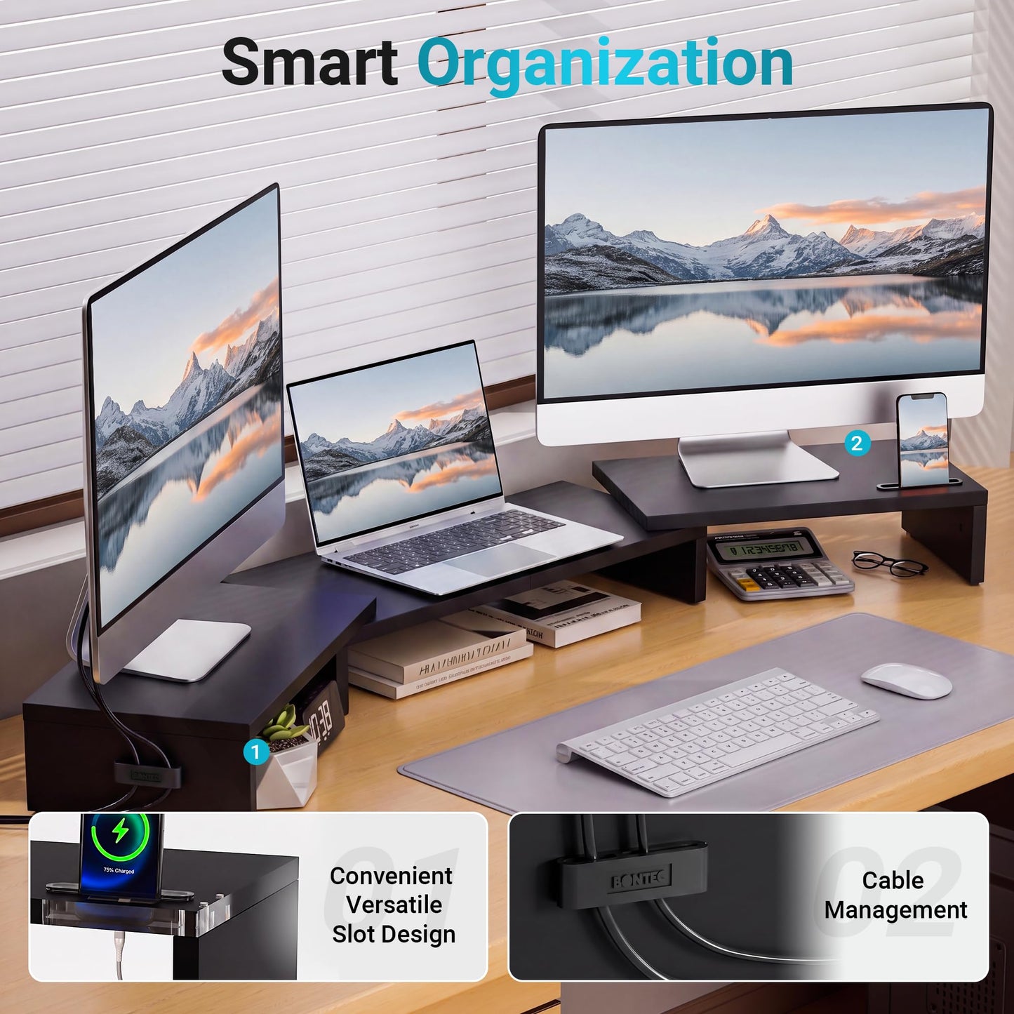 BONTEC Dual Monitor Stand Riser, Adjustable Length & Swivel Angle, Pink | Ergonomic Wooden Desktop Organizer with Smartphone Holder, Computer Monitor Stand for PC, Laptop, Printer and Large Storage BST202