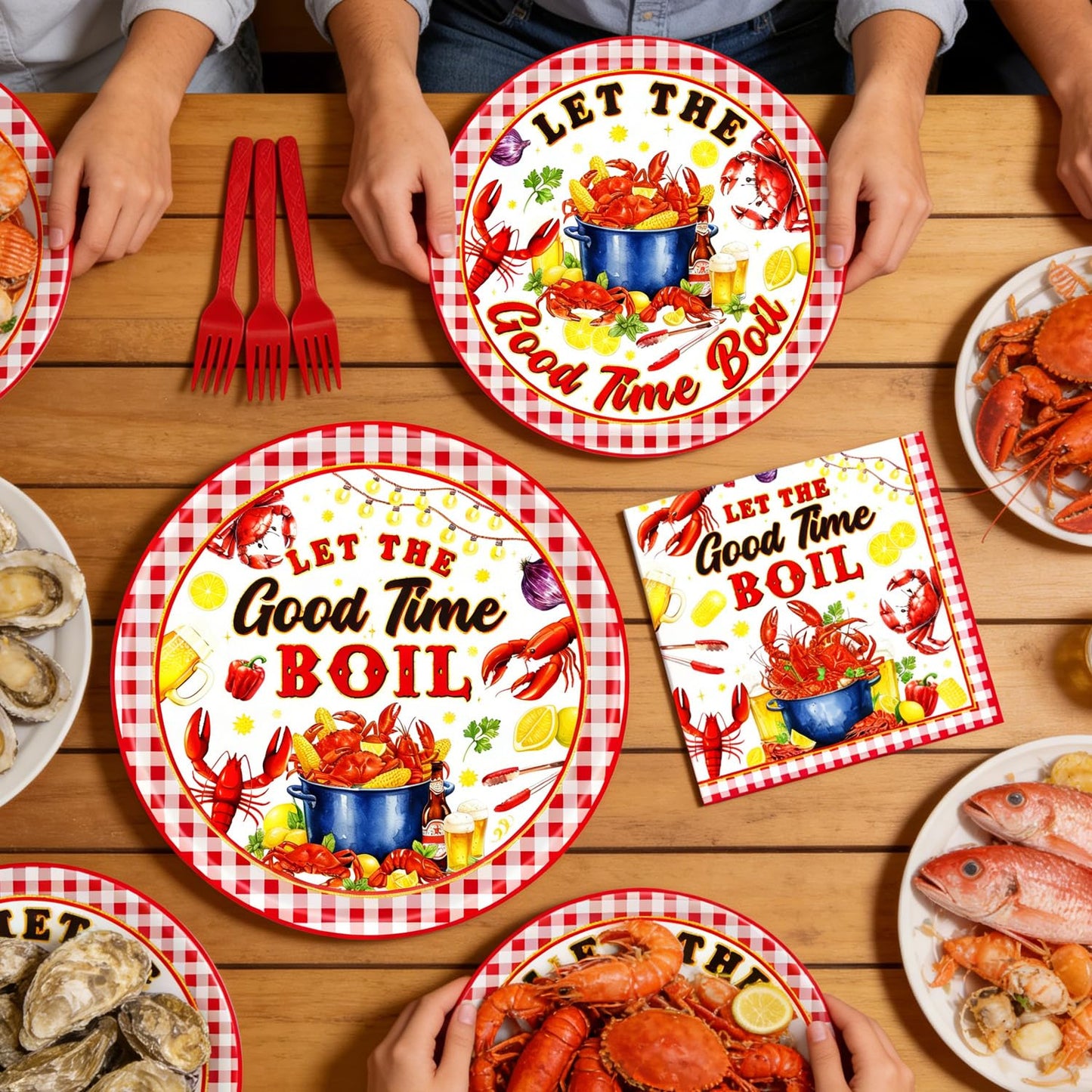 Gameza July Christmas Party Decorations Tableware, 96PCS There's Some Hohoho's in July Disposable Paper Plates and Napkins Decoration, Summer Xmas Beach Forks Decor Supplies Serves 24 BST220