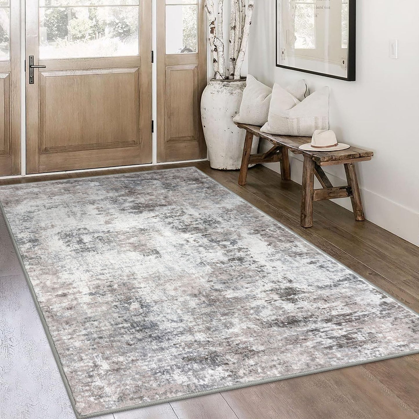Lansny Modern Abstract Runner - 2x5, Beige Grey Washable Kitchen Entryway Rug Mat Non-Slip Soft Neutral Hallway Rug Thin Print Faux Wool Carpet for Bedroom Laundry Room Indoor BST220
