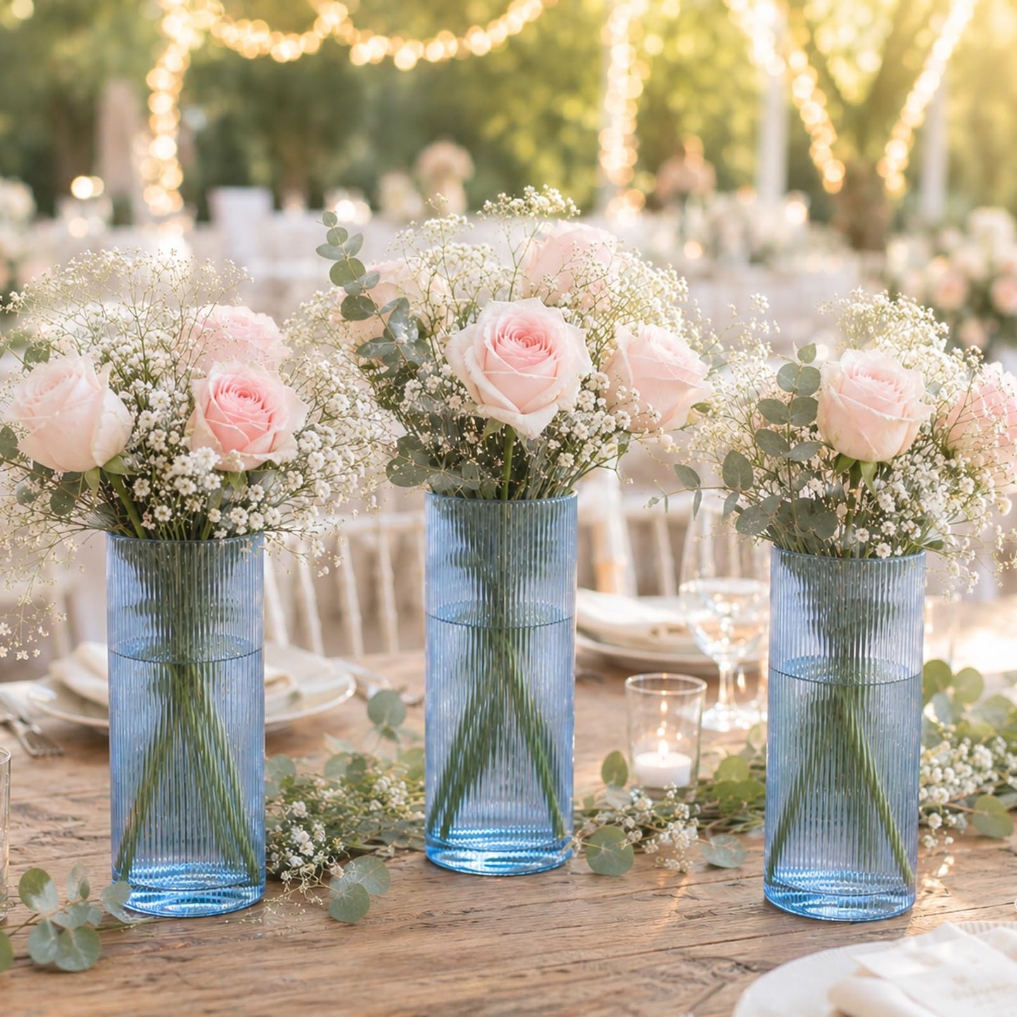 Glass Ribbed Cylinder Vases, 8 Inch Tall, Clear, Pack of 3 | Flower Vases in Bulk, Hurricane Floating Candle Vases, For Party Home Decor BST326H