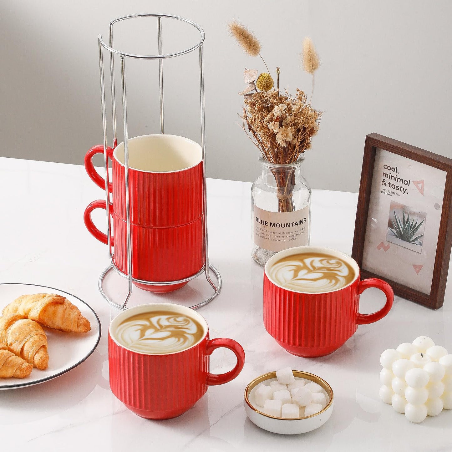 HASENSE 15 oz Ribbed Stackable Coffee Mug Set of 4, Porcelain Latte Cups with Metal Rack, Dishwasher & Microwave Safe, Cappuccino Tea Hot Cocoa, White BST220