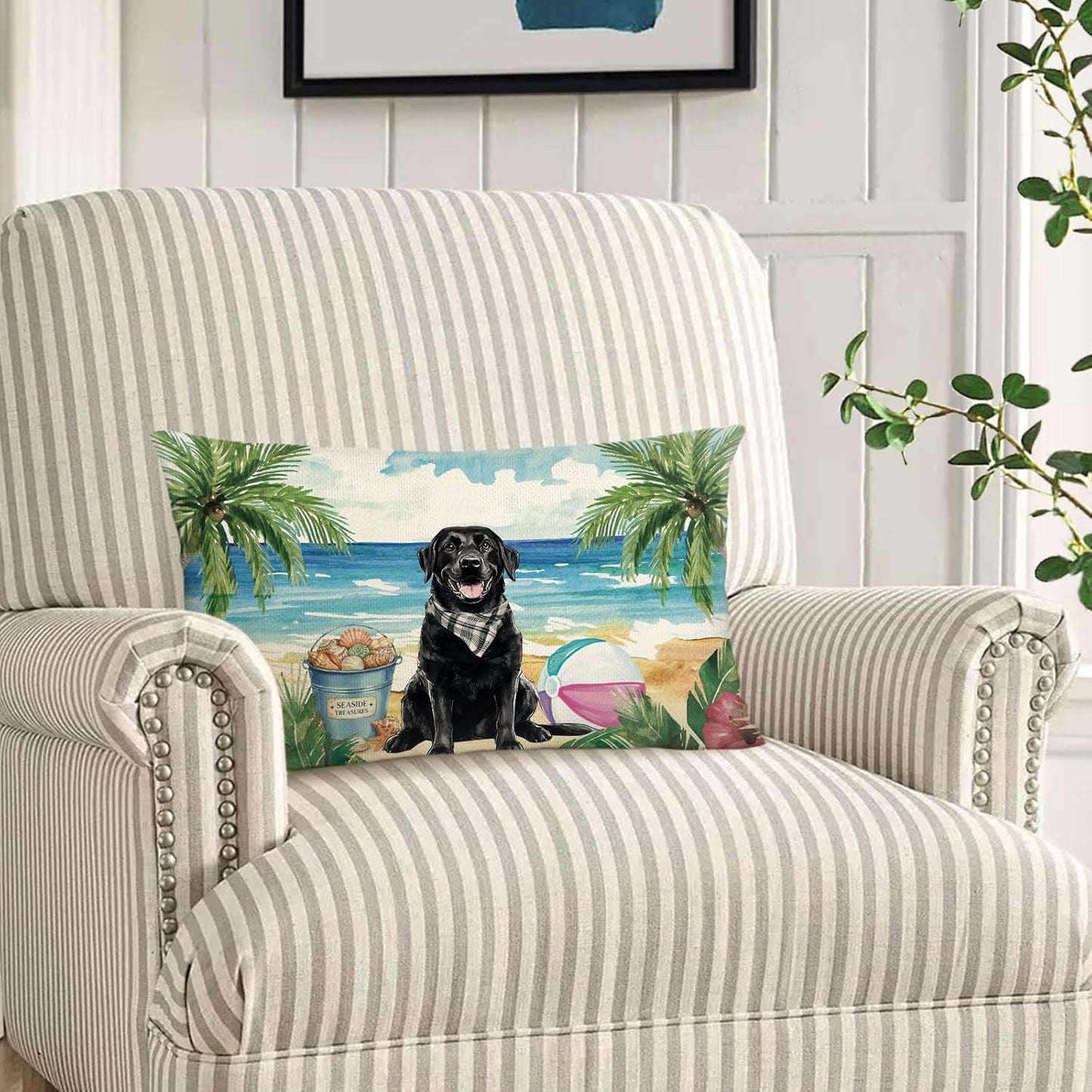 Summer Black Labrador Dog Lumbar Throw Pillow Cover 12x20 Inch Beach Coastal Cushion Case Decoration for Sofa Couch BST202