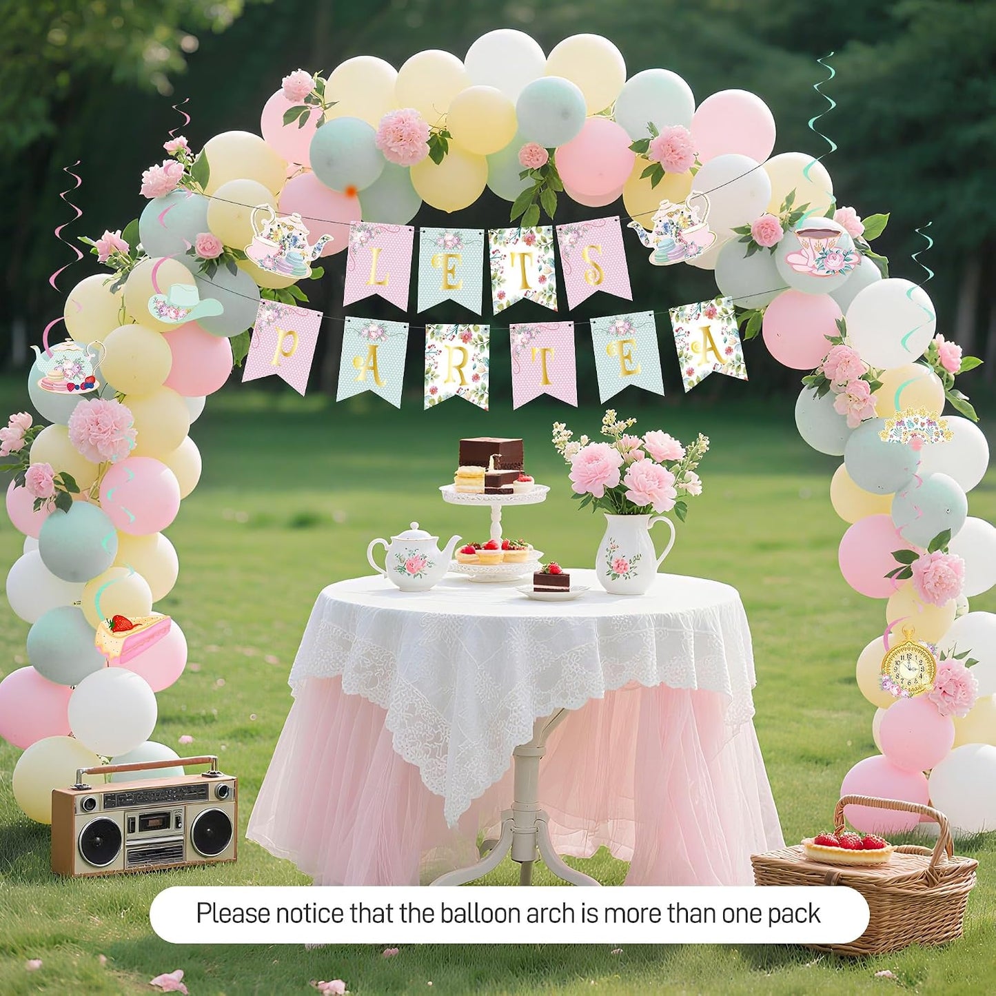 47Pcs Tea Party Decorations Set Floral Garden Party Decor with Balloon Arch, Banner, Cake Toppers, Hanging Swirls for Birthday, Bridal Shower, Baby Shower BST202