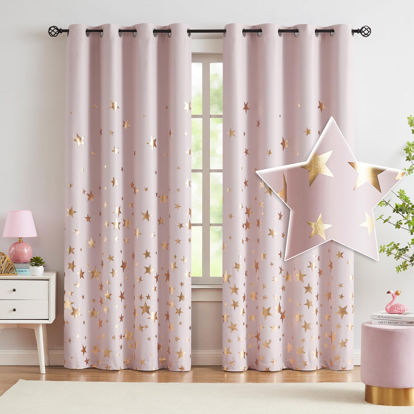 Treatmentex Gold Star Black Full Blackout Curtains for Boys Bedroom, Metallic Window Panels for Baby Nursery Room Grommet Top 2 pcs(Black Gold, 50x63in) BST202