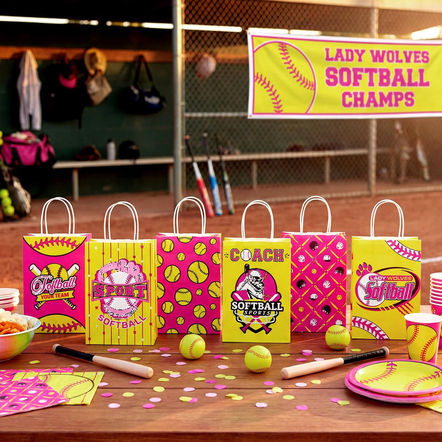 MotiMind 24 Pcs Softball Party Favor Bags Black Yellow Softball Themed Goodie Gift Wrapping Paper Bags with Handles Portable Sports Ball Candy Treat Pouch for Birthday Party Decorations Supplies BST326H