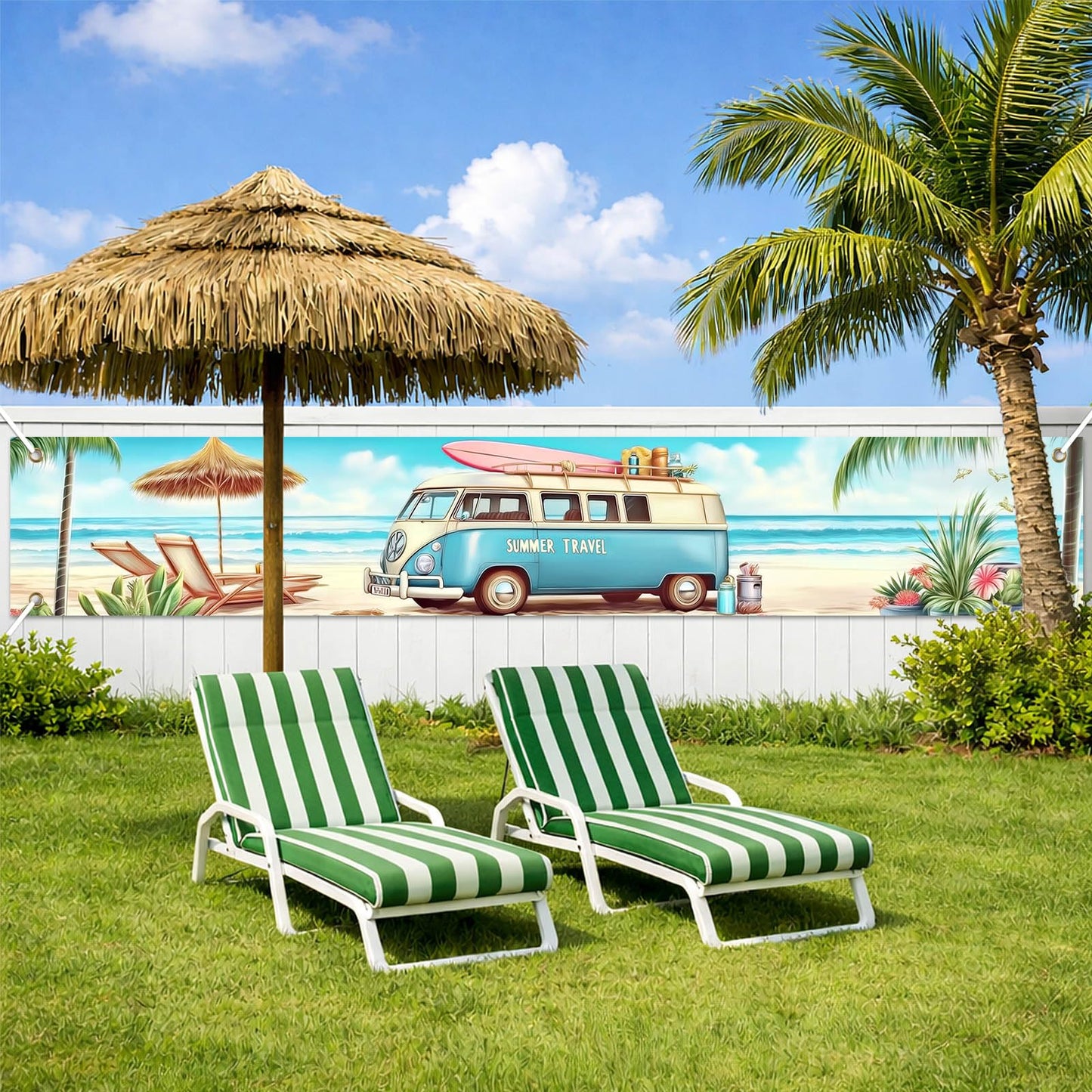 BlissYard Hello Summer Banner 118 x 20 Inch Pool Party Decorations Beach Surfboard Watermelon Tropical Fence Sign Hawaiian Luau Outdoor Backyard Wall Decor BST220