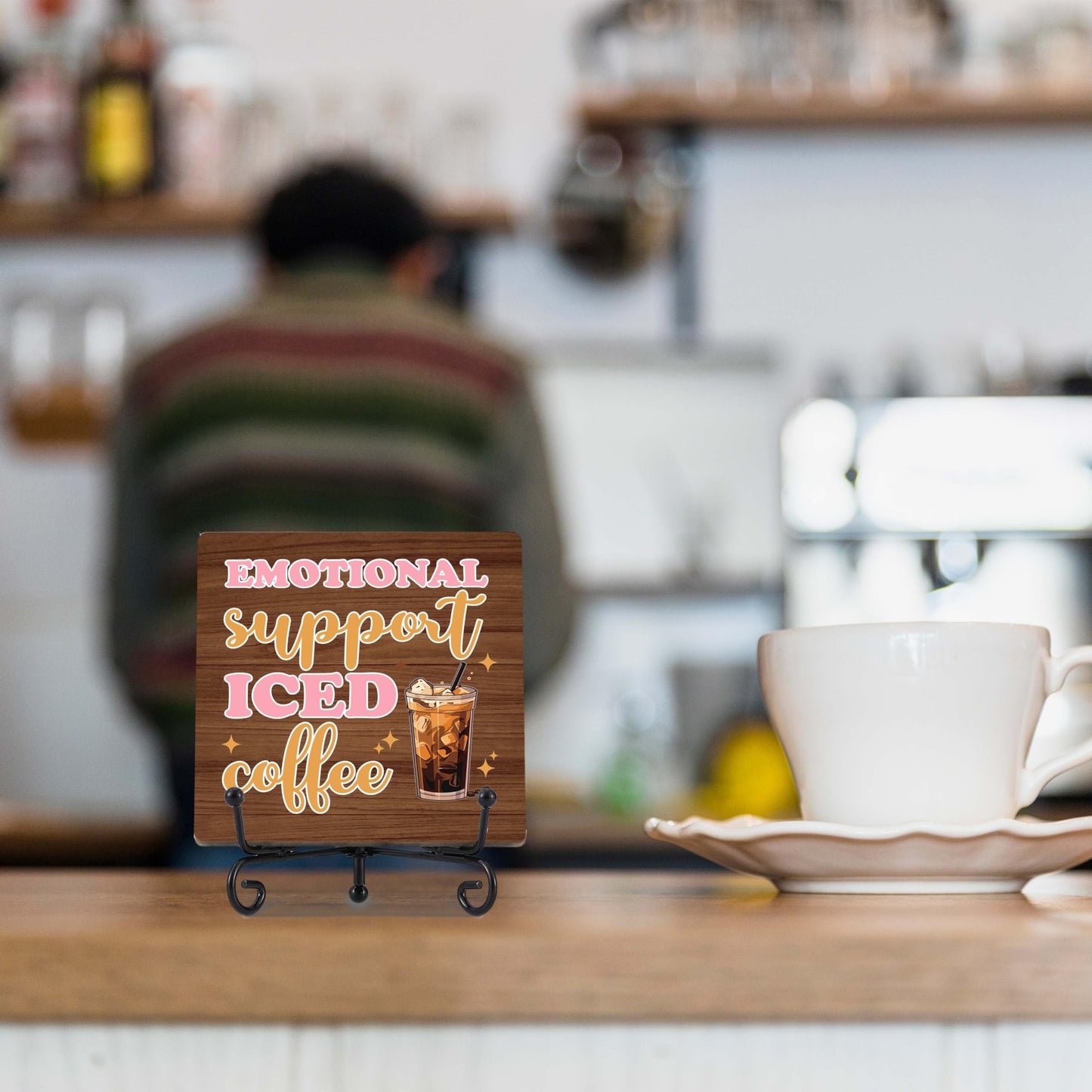 Coffee Bar Decor, Farmhouse Kitchen Table Decor, Coffee Station Accessories, Wooden Decorative Sign with Iron Stand for Table Desk Shelf Display-E21 BST220