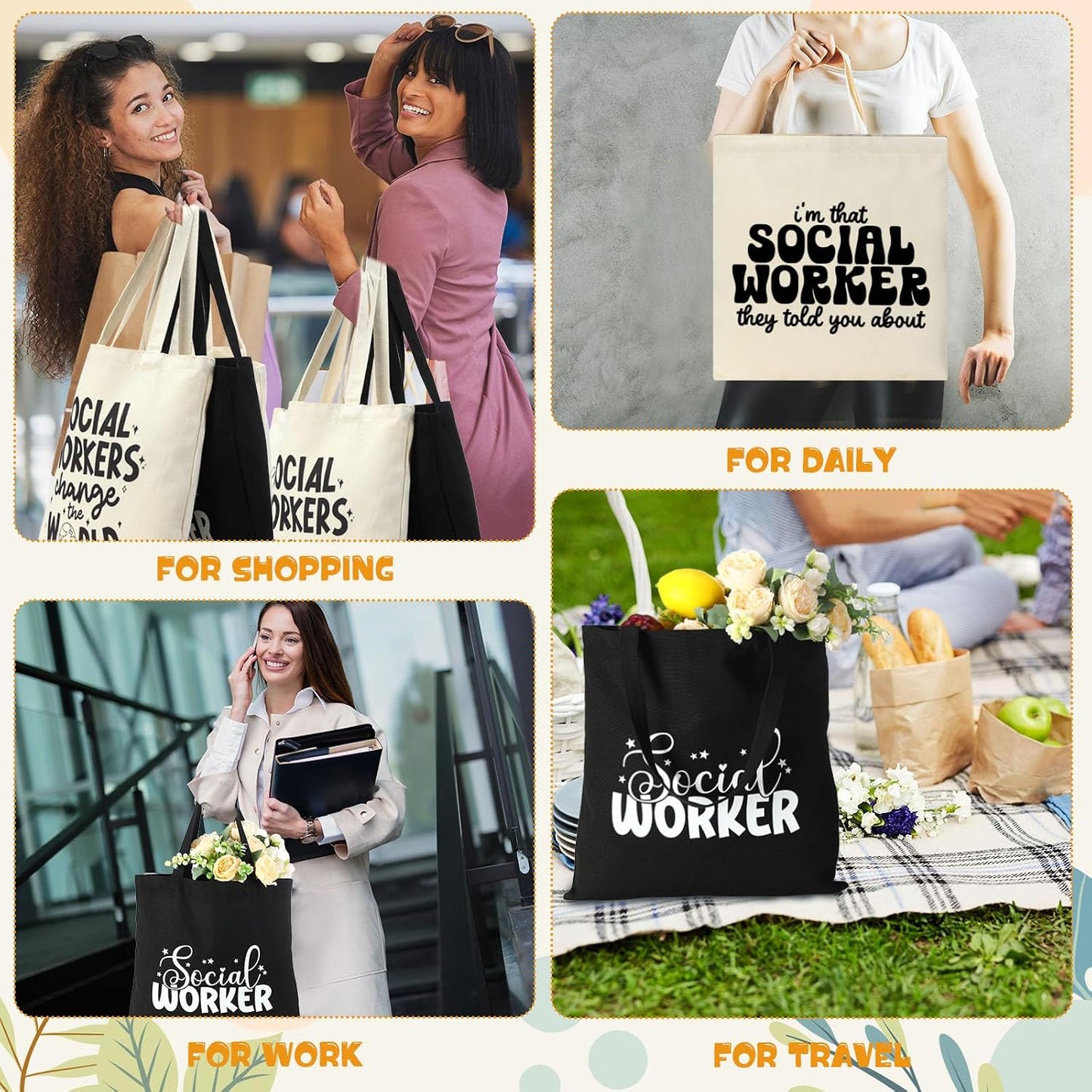 Paterr 20 Pcs Social Worker Appreciation Gift for Women Thank You Social Worker Gifts Canvas Tote Bag Bulk(White, Black) BST326H