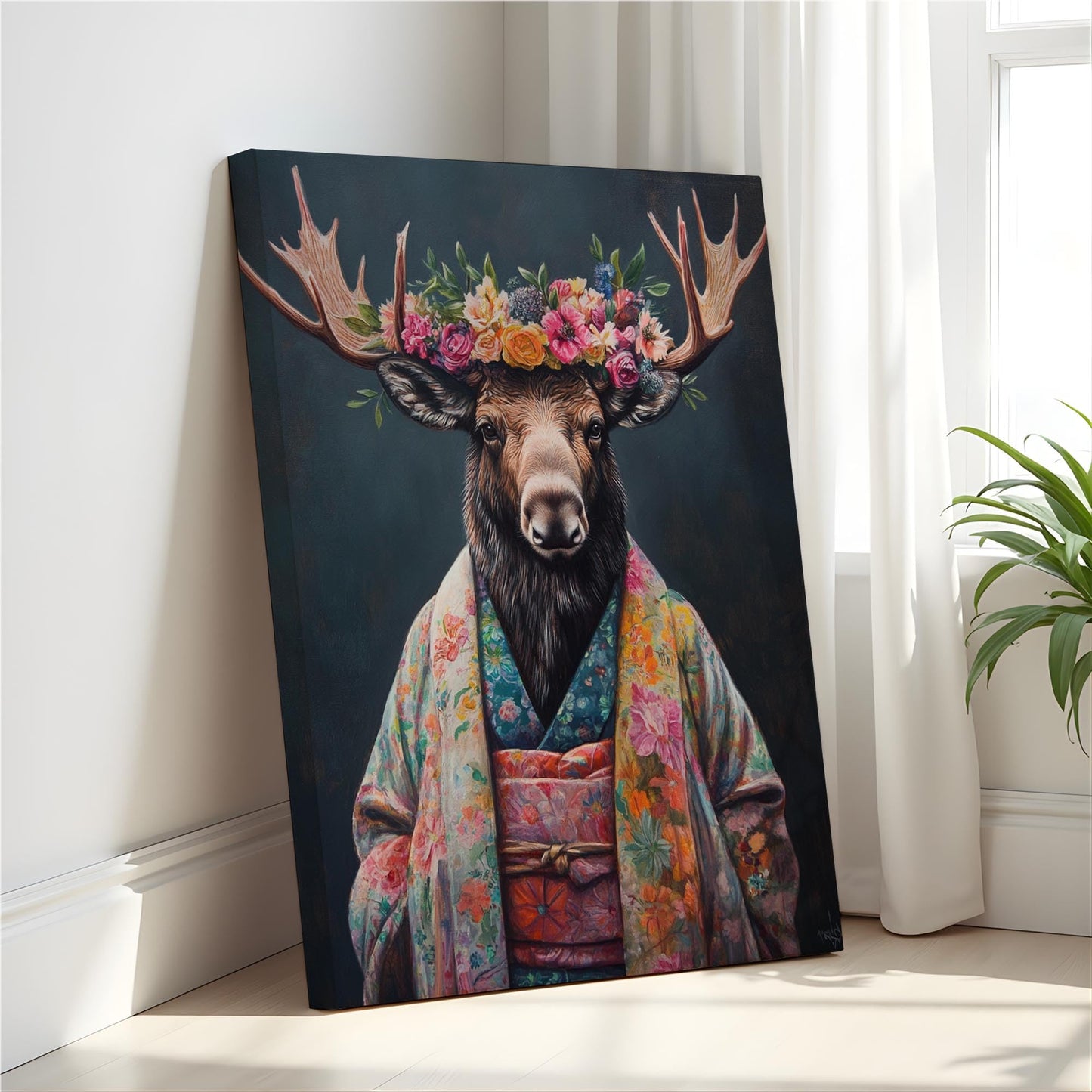 Moose Flower Head Unframed Wall Art Print Poster, Kimono Bathroom Dressing Room Decor Posters Prints for Restroom Home Picture Painting Artwork Gallery 7 (Moose, 16 x 20 inches, Unframed) BST220
