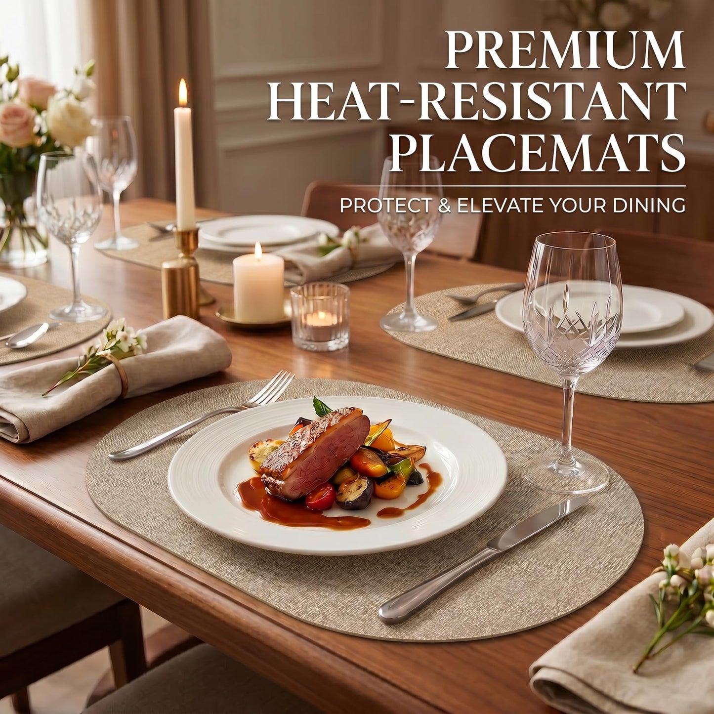 Faux Leather Placemats Set of 6, Wipeable Waterproof Stain Resistant Table Mats, Heat Resistant Thick Placemats with Hand-Painted Edges for Kitchen Dining, Imitative Linen Texture, Various Shapes BST326H