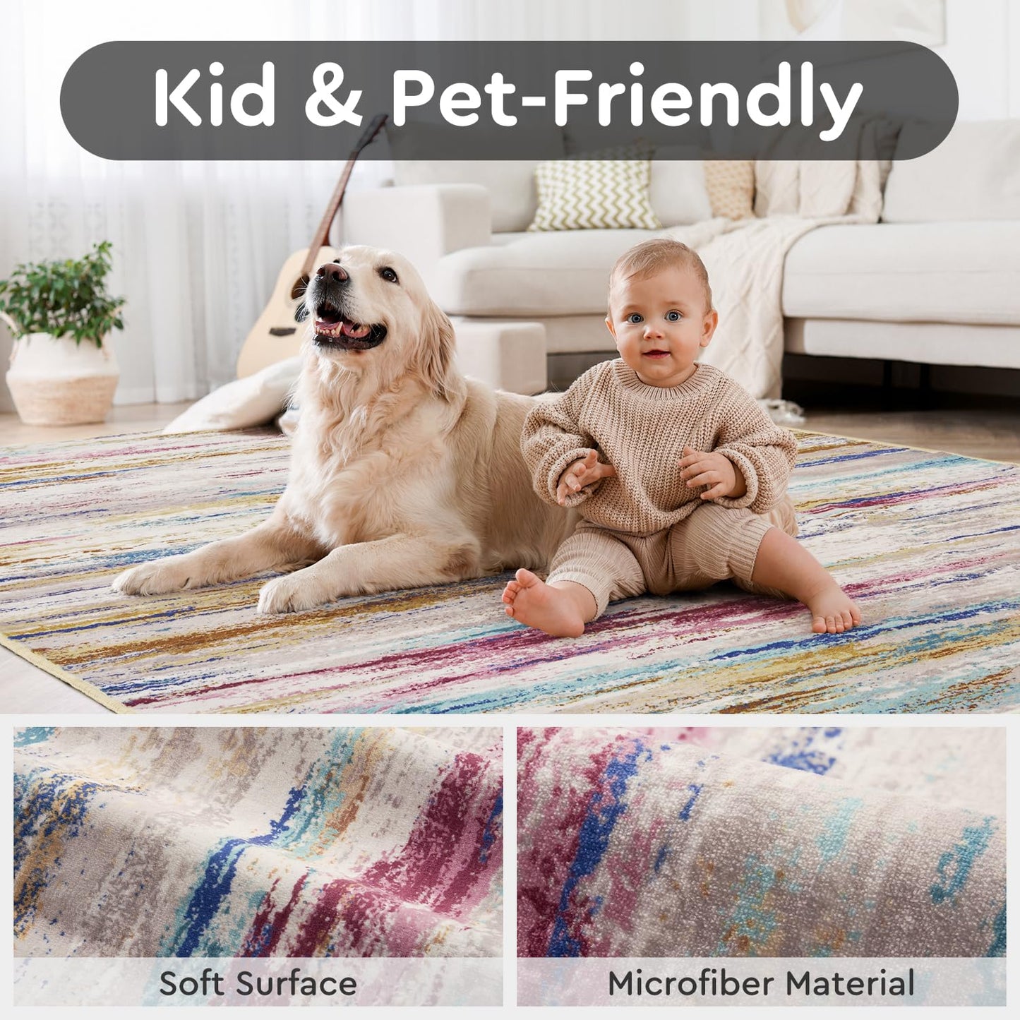 tchdio Round Rug 5FT Colorful Modern Abstract Circle Rug for Bedroom Non Slip Soft Circular Rug Carpet Washable Round Area Rug, Multi Color, 5FT BST220