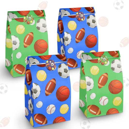 Pinsit 30PCS Paper Sports Party Favors Bags, Baseball Party Bags, Soccer Baseball Football Basketball Goodie Bag without Handles, Treat Candy Bag for Birthday, 9.45 x 5.12 x 3.15 Inches(White + Green) BST220