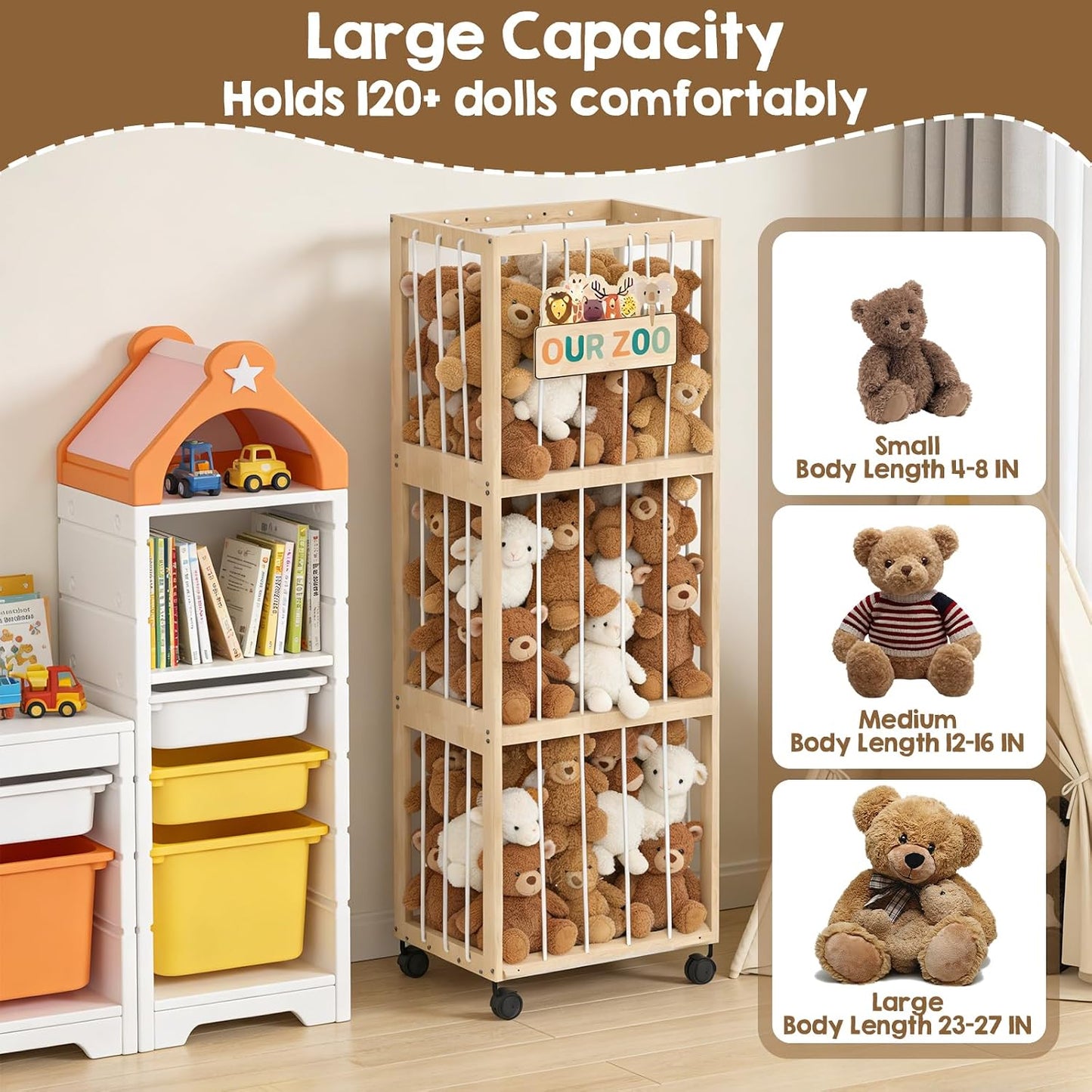 Stuffed Animal Zoo Storage with Wheels, Mobile Wooden Toy Organizer Cage with Elastic Band, Easy Assembly Large Capacity for Nursery Playroom Bedroom BST326H