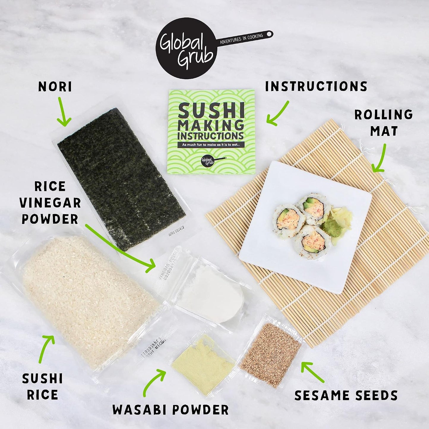 Global Grub DIY Sushi Making Kit - Sushi Kit With Ingredients - Sushi Rice, Nori Sushi Seaweed, Sushi Rice Seasoning, Sesame Seeds, Wasabi Powder - Bamboo Rolling Mat, Instructions, Makes 48 Pieces DD1210