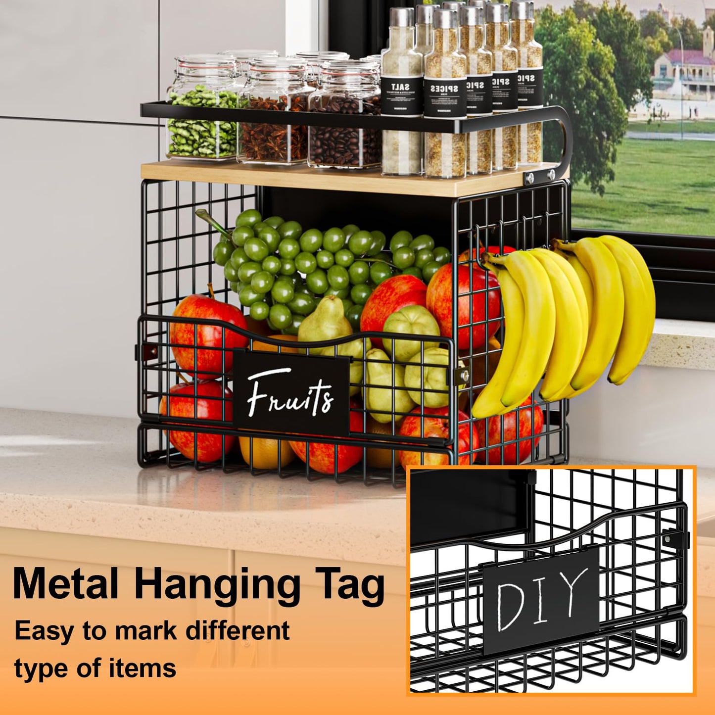 Magnetic Shelf for Fridge,Hanging Wall Basket for Potato Onion Fruit and Vegetable Storage Bins,Large Produce Container Magnetic Spice Rack for Refrigerator Kitchen Counter Pantry,Black BST220