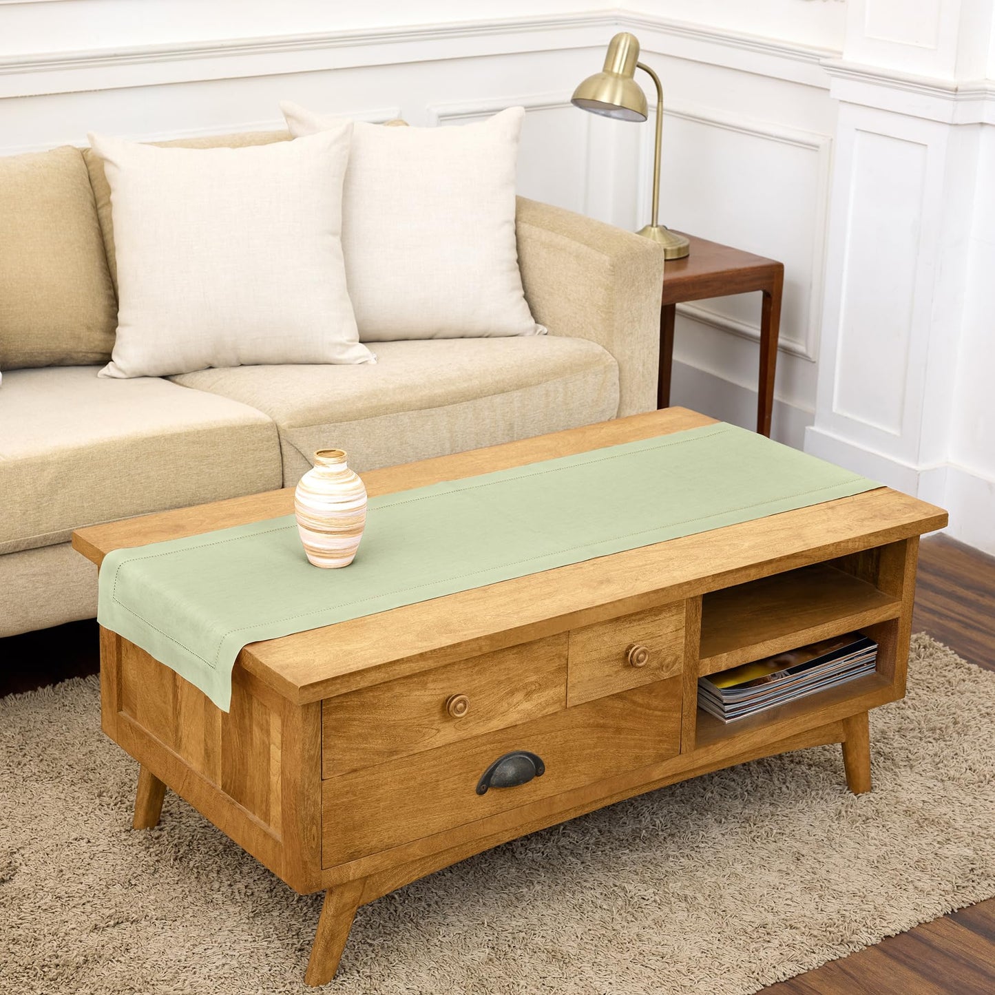Solino Home 100% Pure Linen Table Runner Garden Green Hemstitch, 14 x 48 in | Classic Hemstitch Table Runners for dining, hallway and console table styling | hand hemstitched borders | OEKO-TEX Certified BST326SOLH