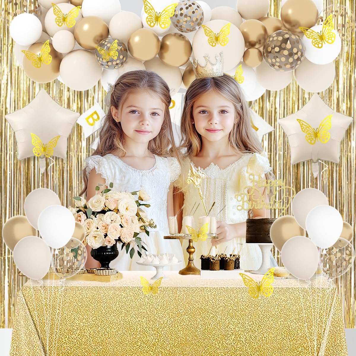Gold Birthday Decorations for Women, Gold White Birthday Decorations Sand White Beige Neutral Gold Balloons Table Cloth Curtains Happy Birthday Banner Butterfly Boho Birthday Party Decorations BST326H