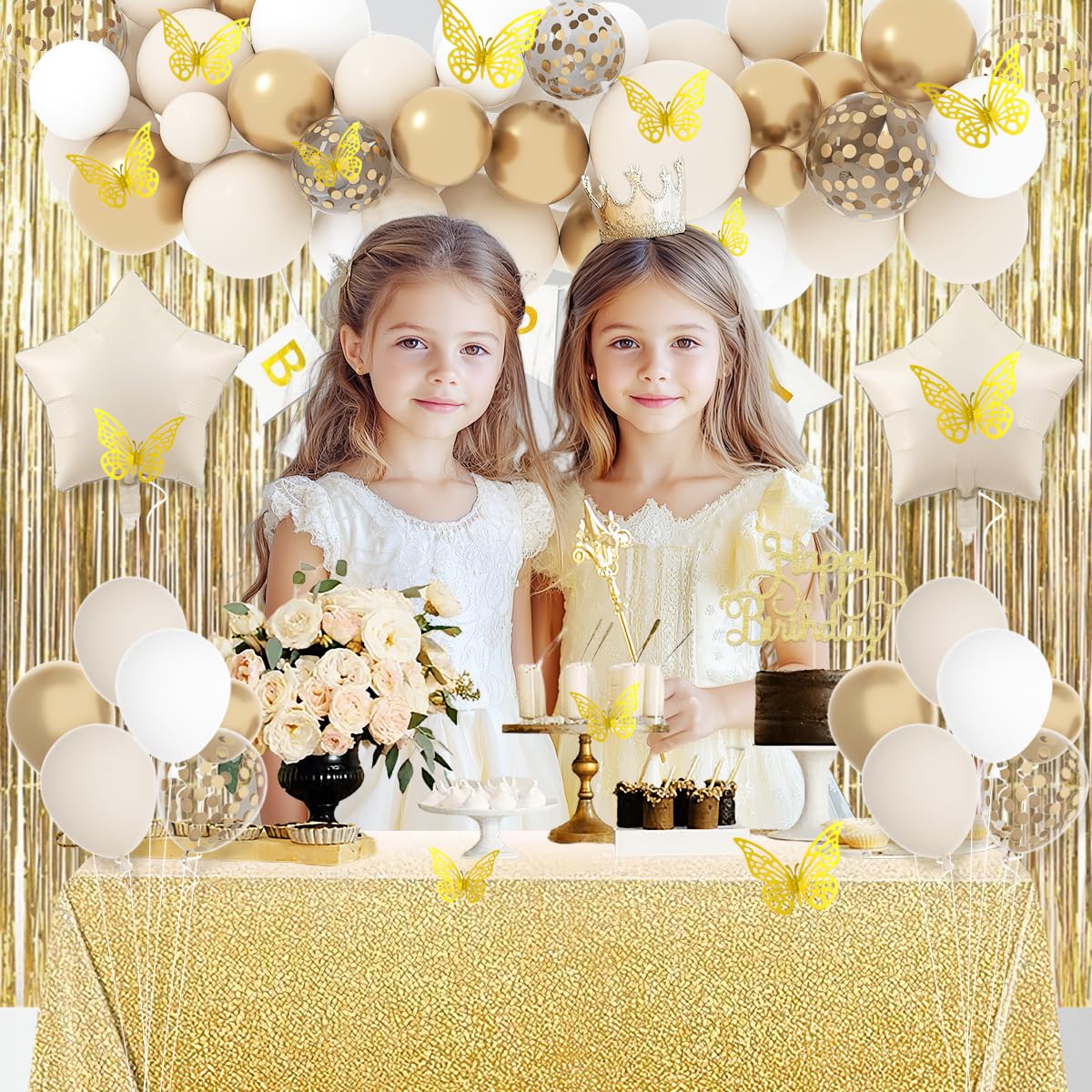 Gold Birthday Decorations for Women, Gold White Birthday Decorations Sand White Beige Neutral Gold Balloons Table Cloth Curtains Happy Birthday Banner Butterfly Boho Birthday Party Decorations BST326H