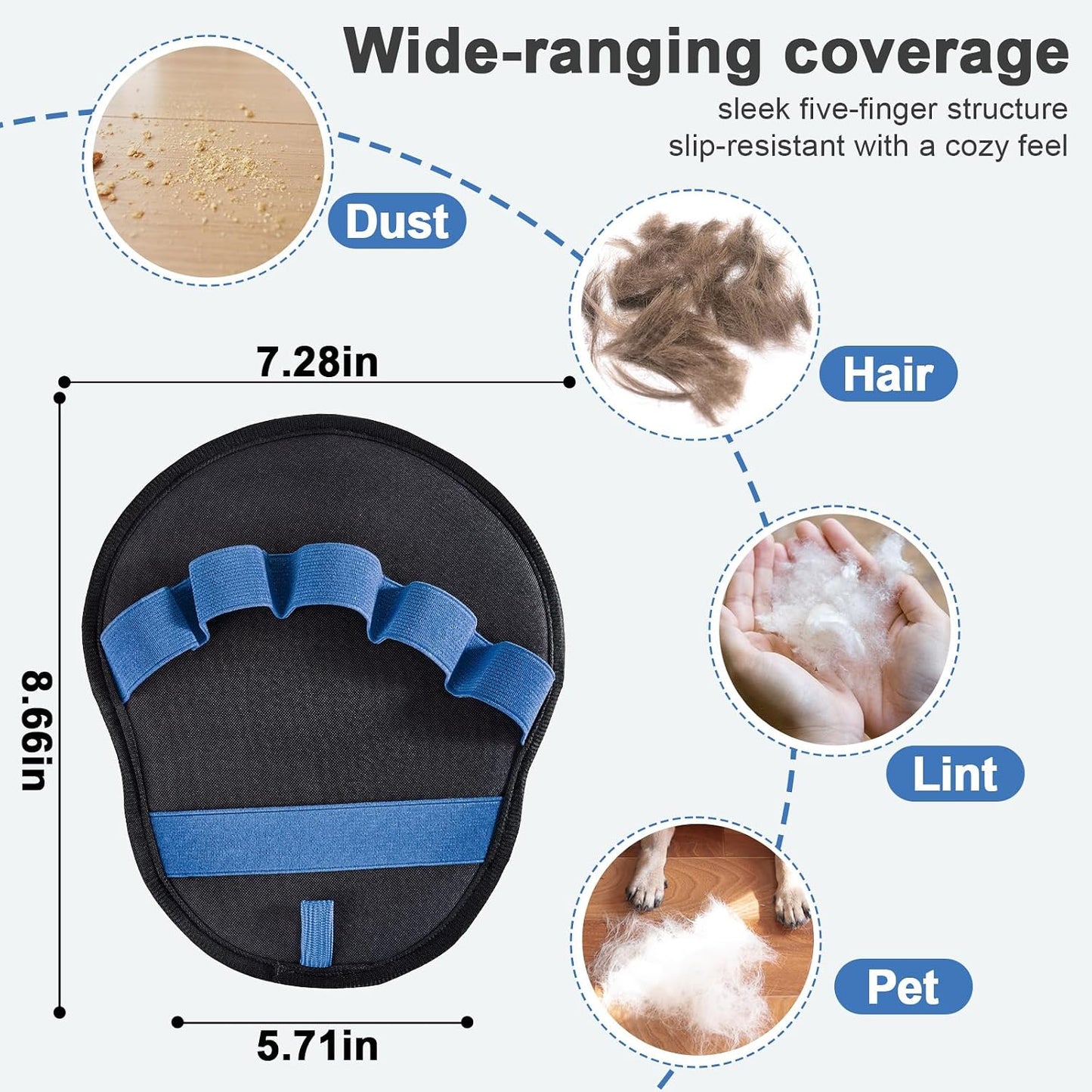 Lonfliness 2pcs Pet Hair Fur Removal Mitt Glove for Cats Dogs 5-Finger Electrostatic Reusable Pet Hair Remover Brush Tool for Couch Furniture Carpet Laundry Clothing (Blue) WN420