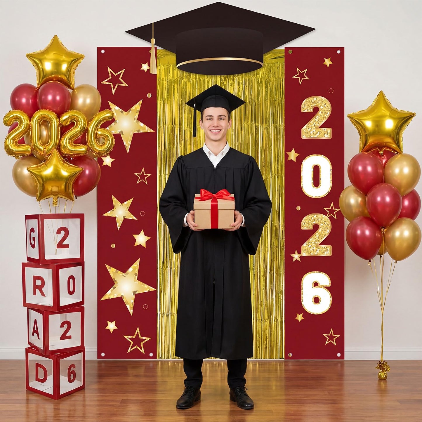 Frienda 9 Pcs 2026 Graduation Party Decoration Include Grad Box, Class of 2026 Graduation Door Porch Banner with Tinsel Curtain, Grad Photo Backdrop for College School Congrat Party Decoration(Blue) BST326H