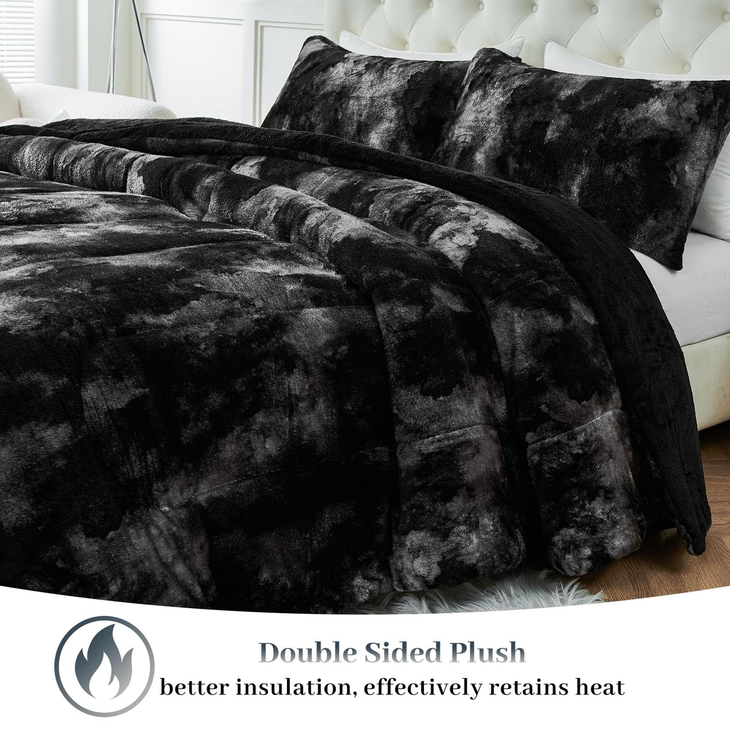 YIYEA Fluffy Queen Size Comforter Set, Luxury Faux Fur Comforter, Ultra Soft Plush Fuzzy Velvet Bedding Comforter Sets for Fall Winter, Cozy Warmth, No Shedding, 3PC, Queen, Light Grey BST326H